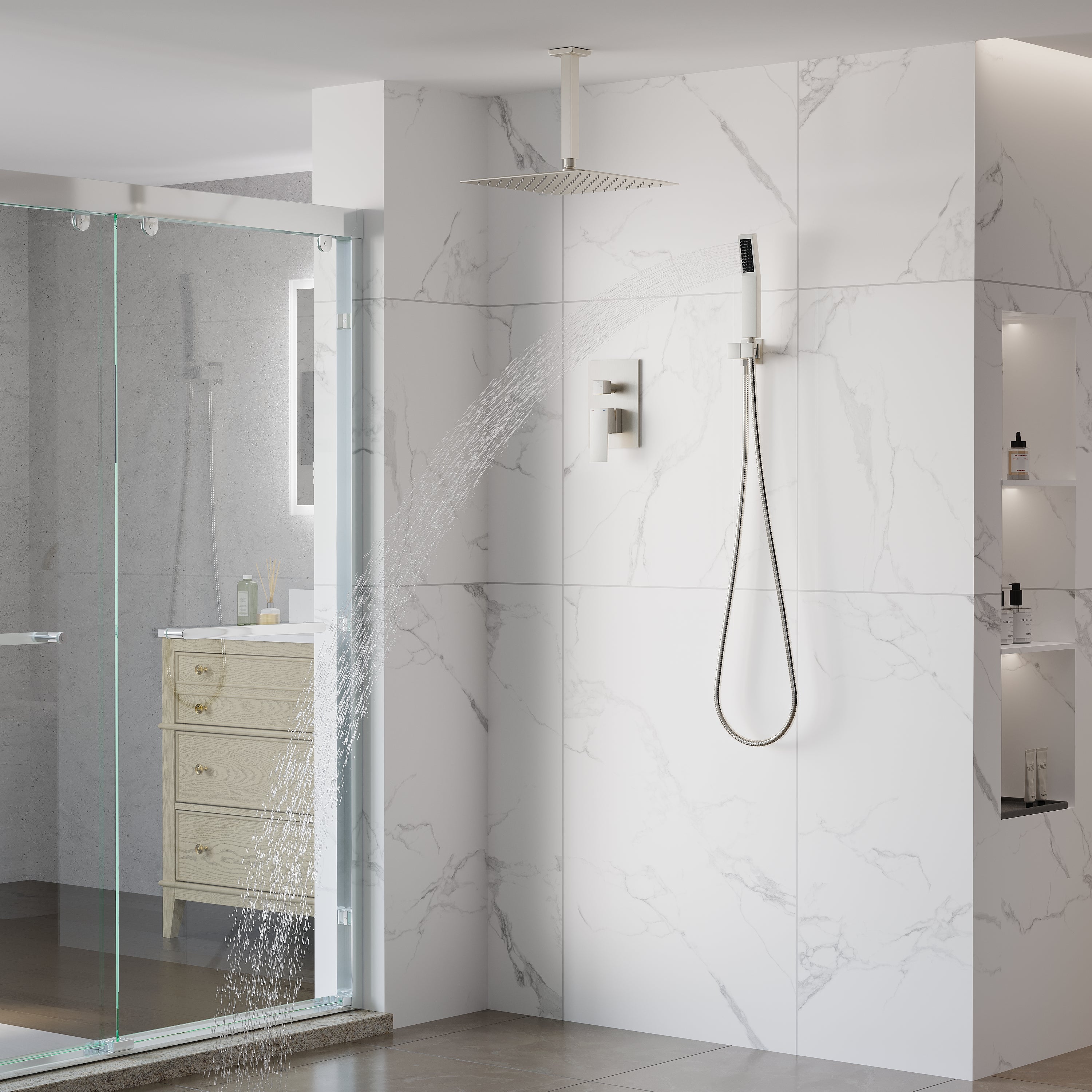 12-Inch Rain Shower System with Dual Heads, Waterfall & 2-Way Diverter, Ceiling Mount