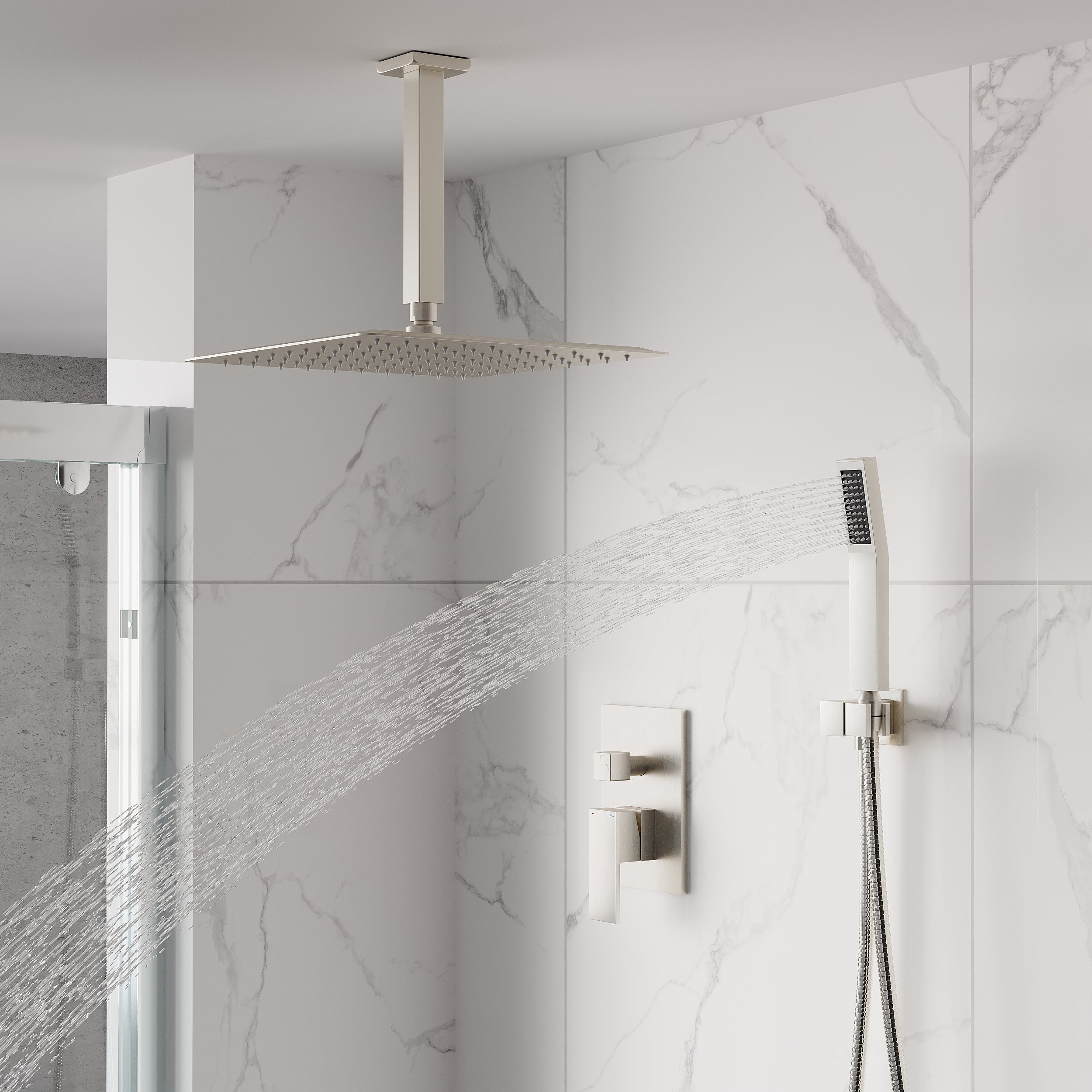 12-Inch Rain Shower System with Dual Heads, Waterfall & 2-Way Diverter, Ceiling Mount