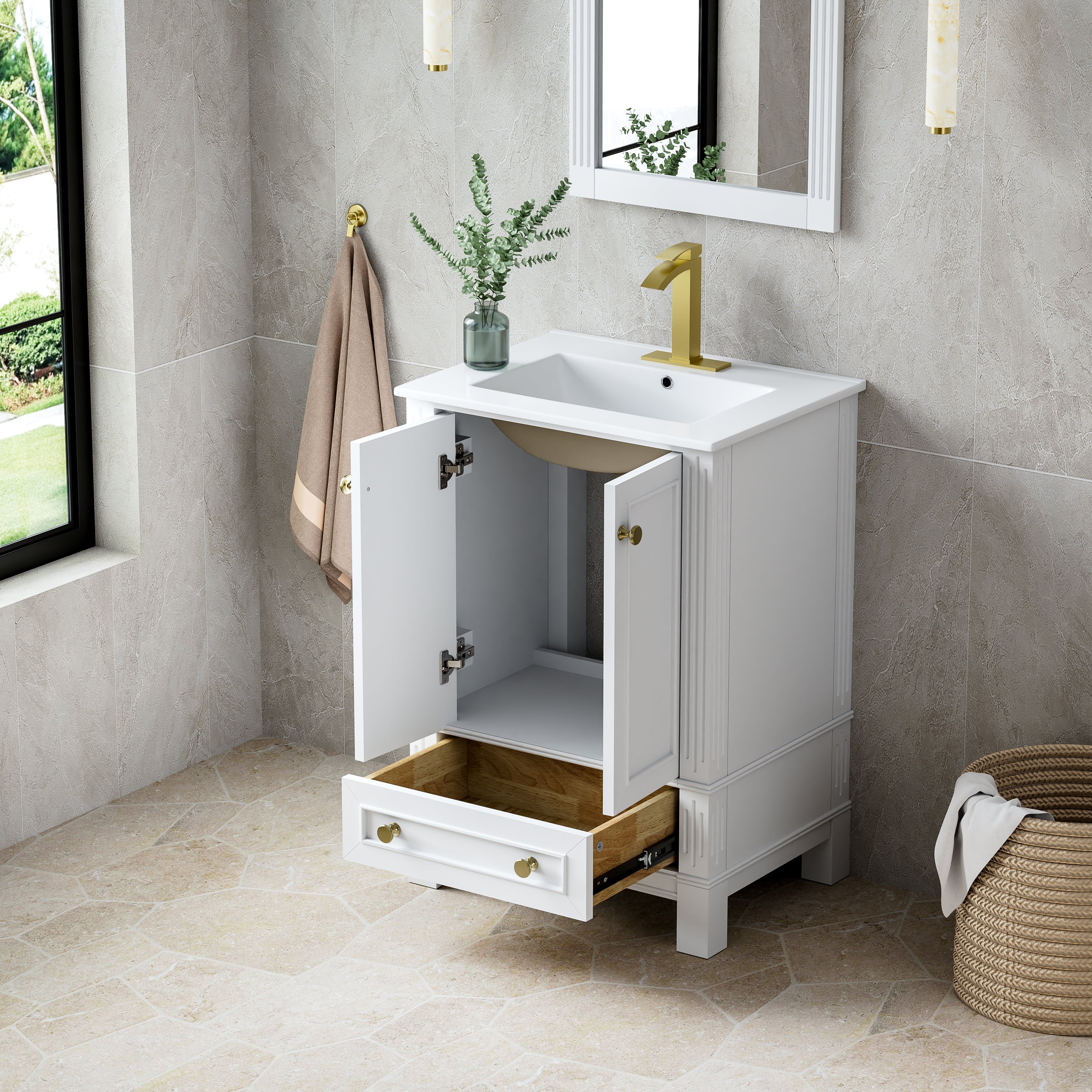 24 Inch Solid Wood Bathroom Vanity with cUPC Ceramic Basin, Soft-Close Doors and Brushed Gold Alloy Knobs