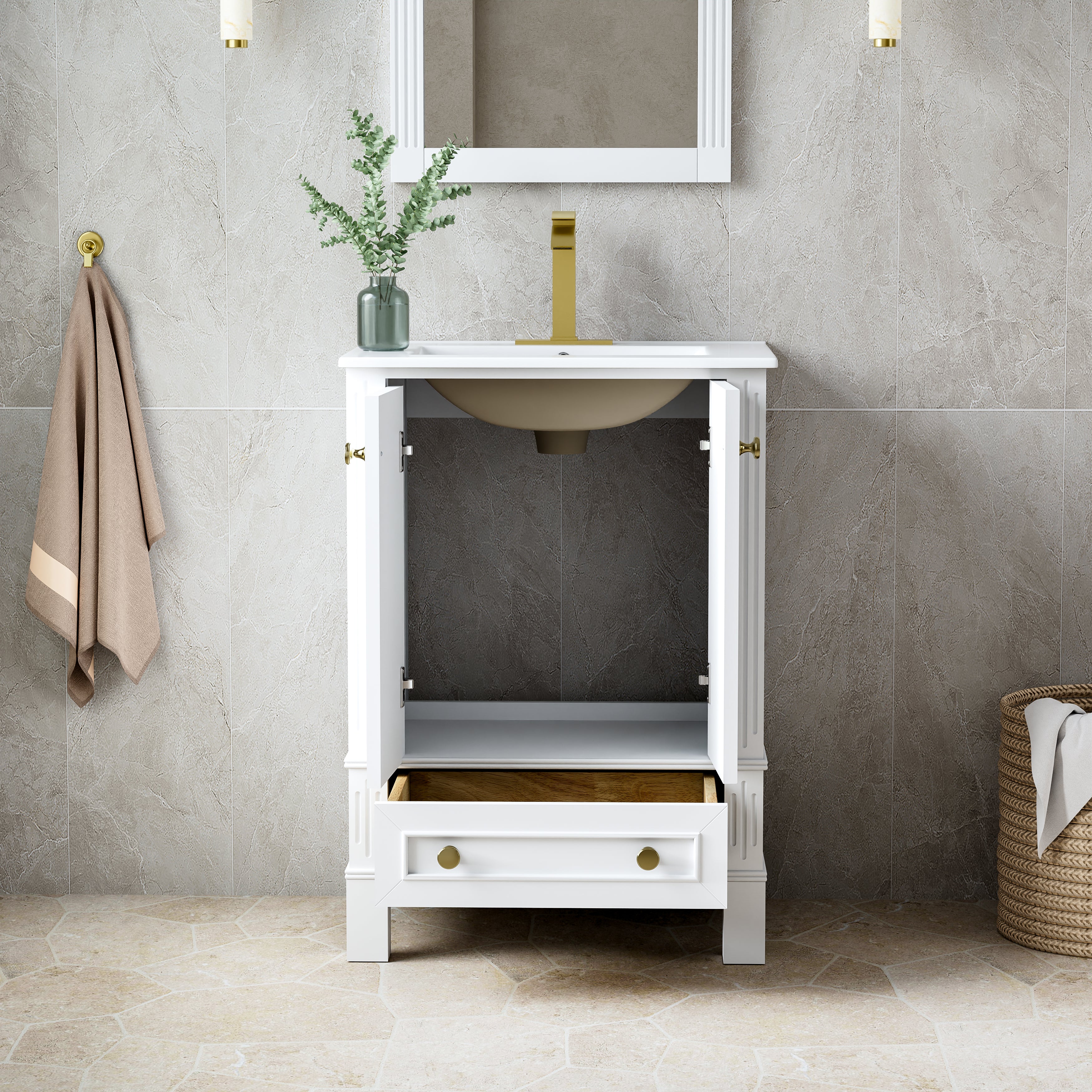 24 Inch Solid Wood Bathroom Vanity with cUPC Ceramic Basin, Soft-Close Doors and Brushed Gold Alloy Knobs