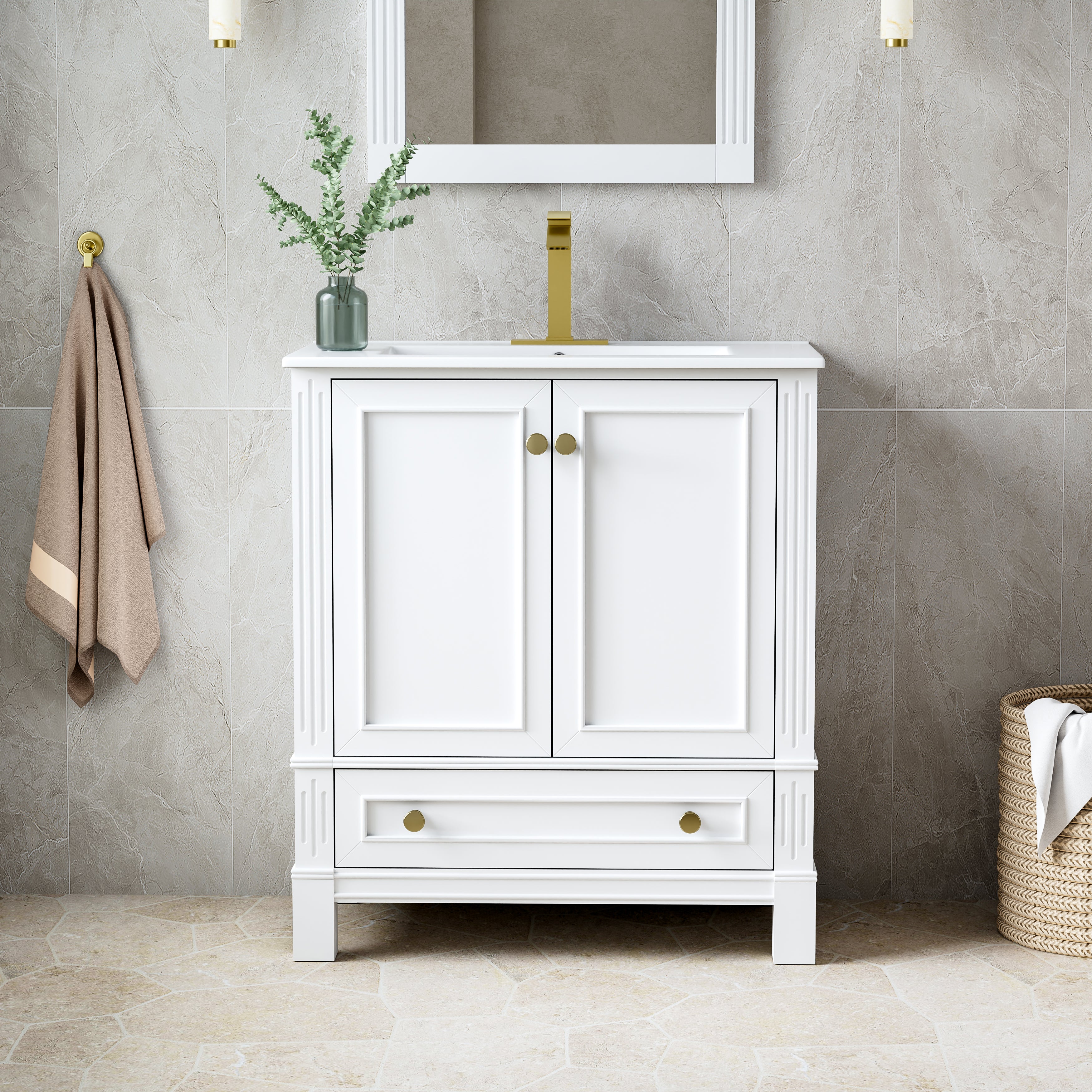 30 Inch Solid Wood Bathroom Vanity with cUPC Ceramic Basin, Soft-Close Doors and Brushed Gold Alloy Knobs