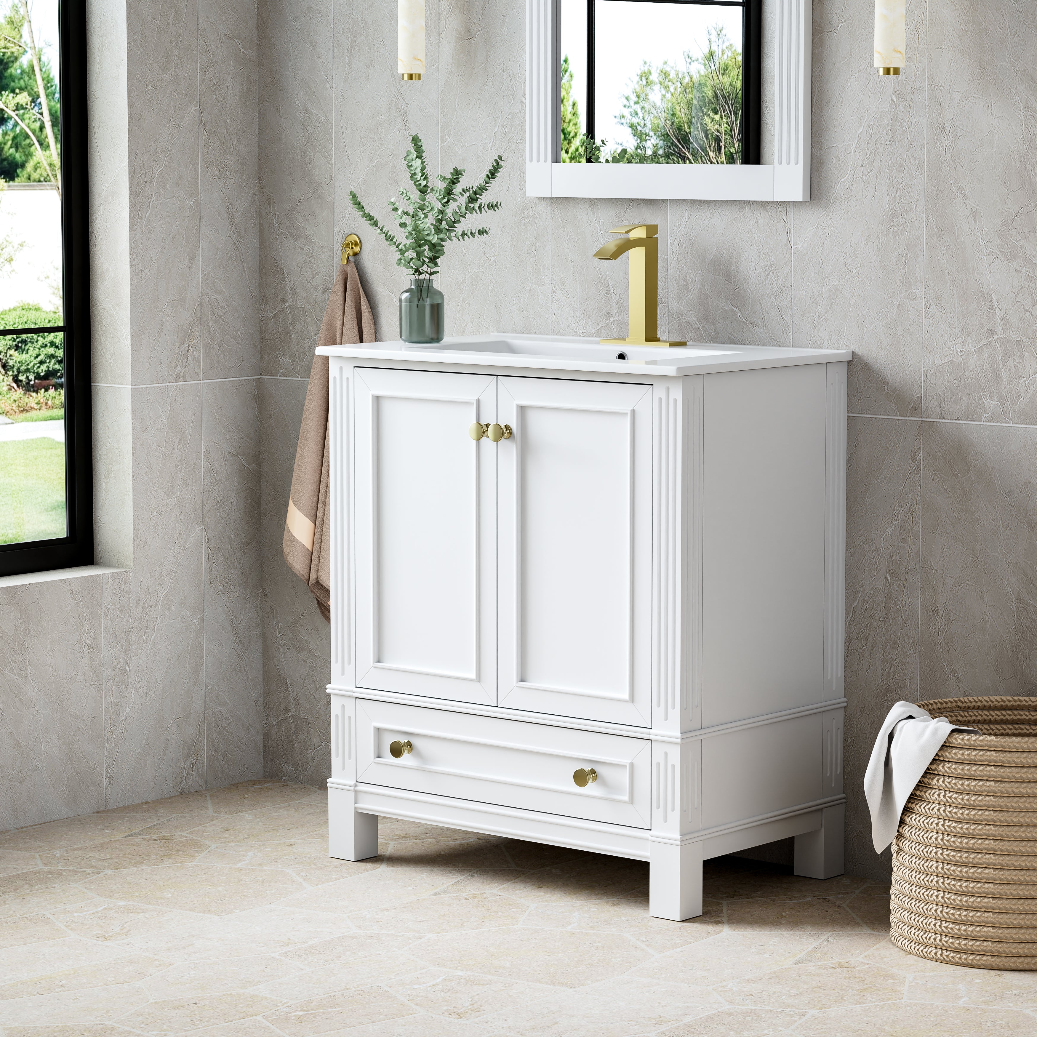 30 Inch Solid Wood Bathroom Vanity with cUPC Ceramic Basin, Soft-Close Doors and Brushed Gold Alloy Knobs