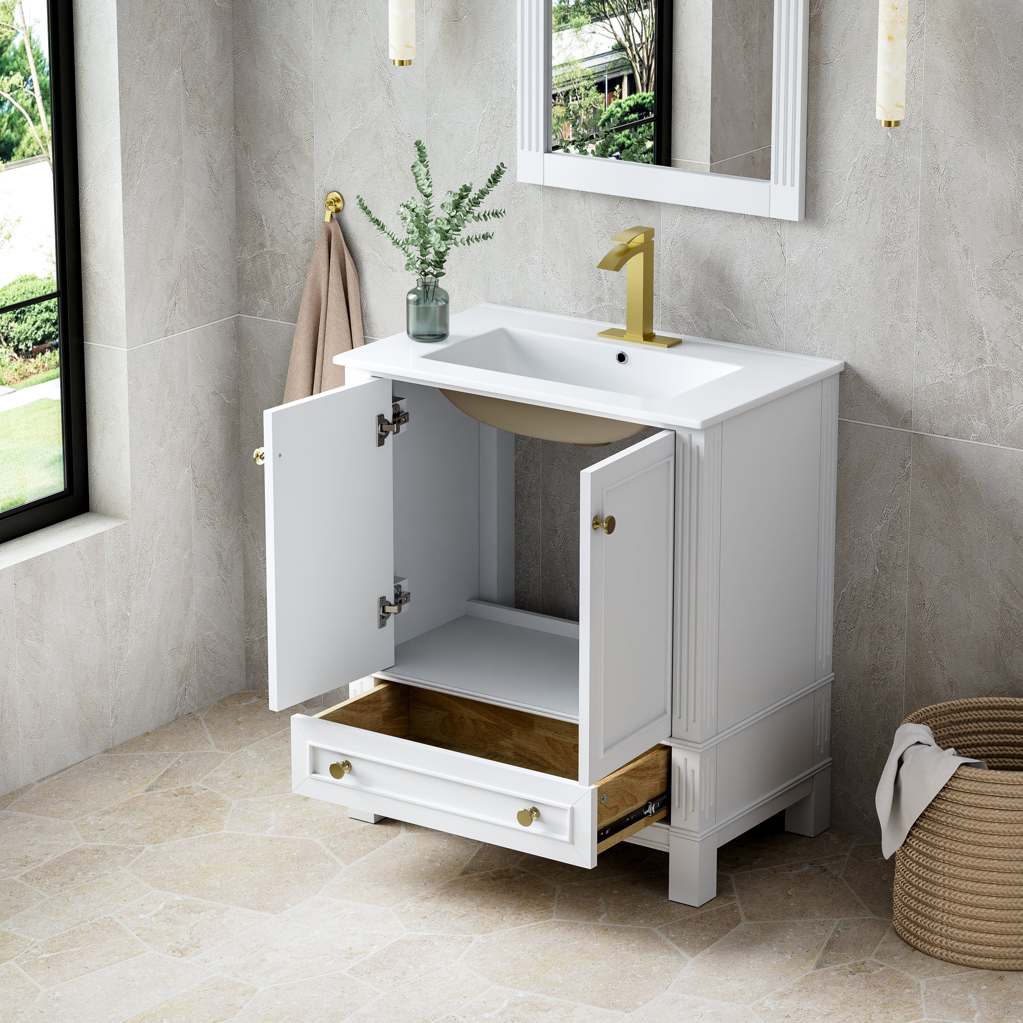 30 Inch Solid Wood Bathroom Vanity with cUPC Ceramic Basin, Soft-Close Doors and Brushed Gold Alloy Knobs