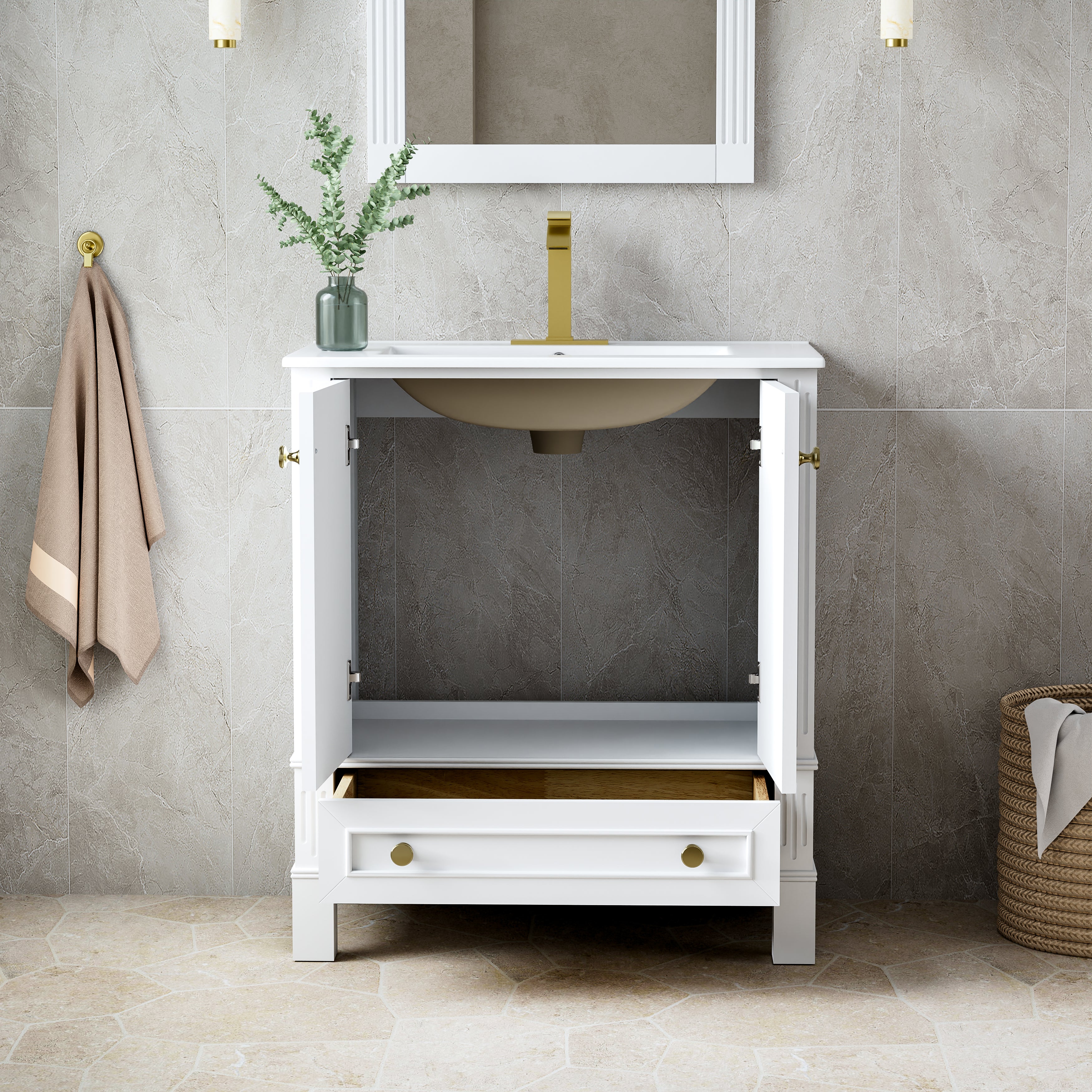 30 Inch Solid Wood Bathroom Vanity with cUPC Ceramic Basin, Soft-Close Doors and Brushed Gold Alloy Knobs