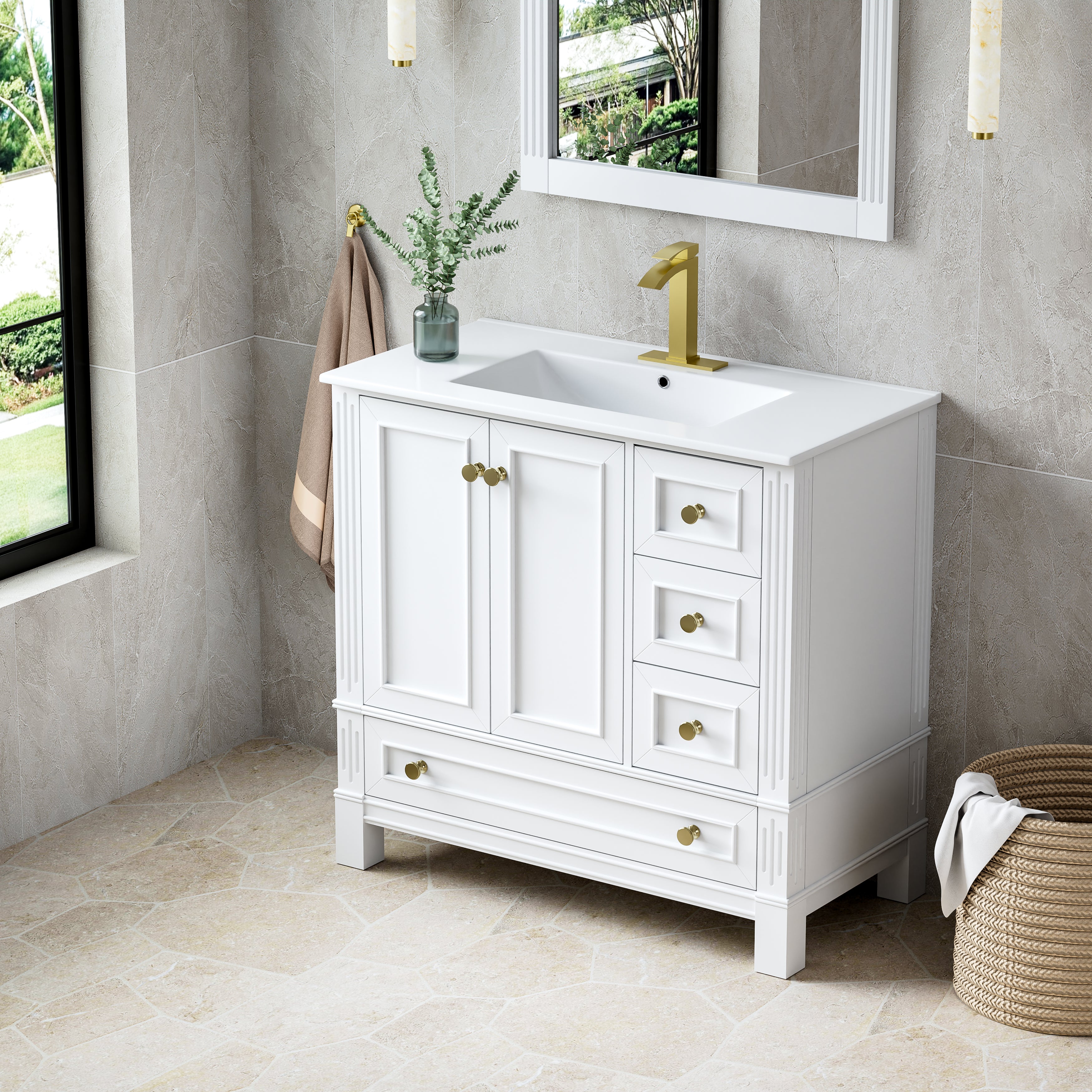 36 Inch Solid Wood Bathroom Vanity with cUPC Ceramic Basin, Soft-Close Doors and Brushed Gold Alloy Knobs