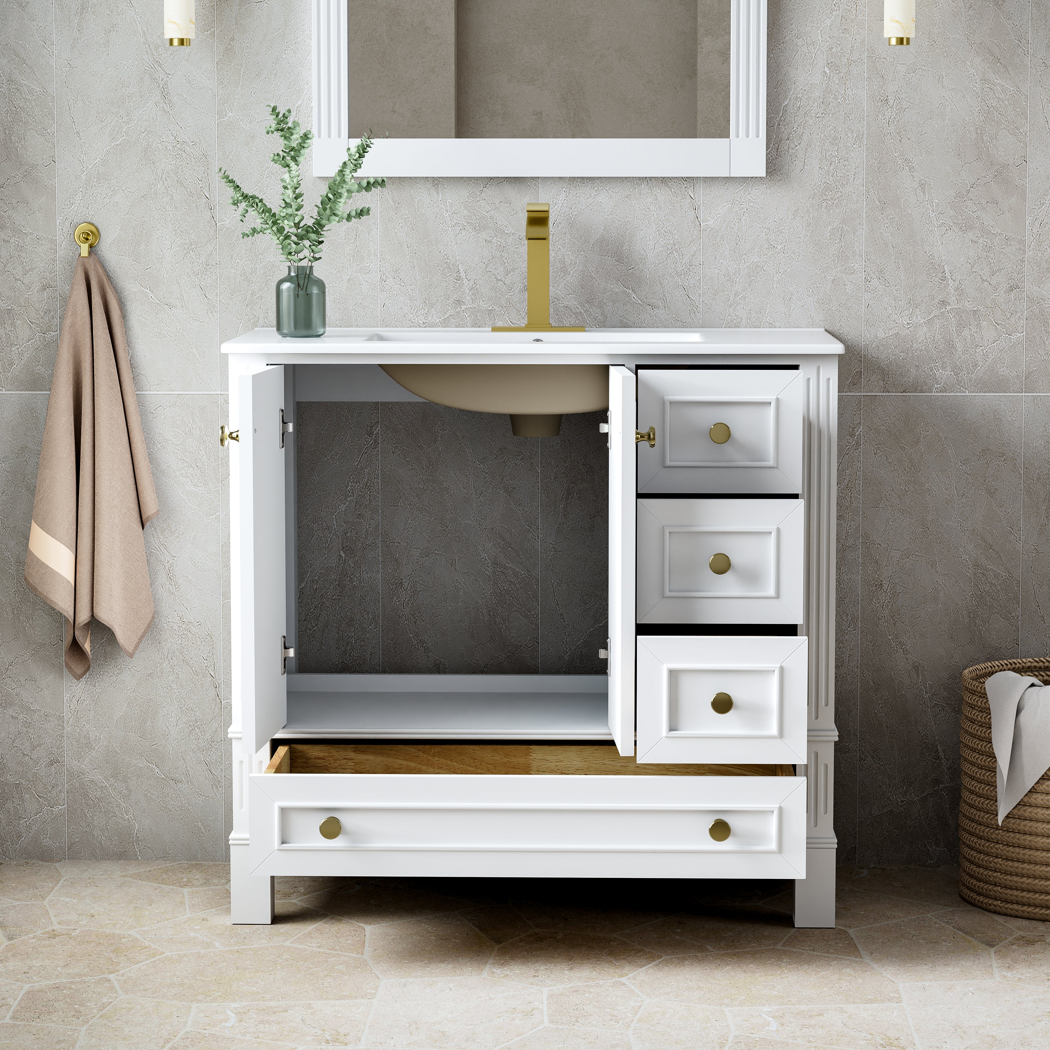 36 Inch Solid Wood Bathroom Vanity with cUPC Ceramic Basin, Soft-Close Doors and Brushed Gold Alloy Knobs