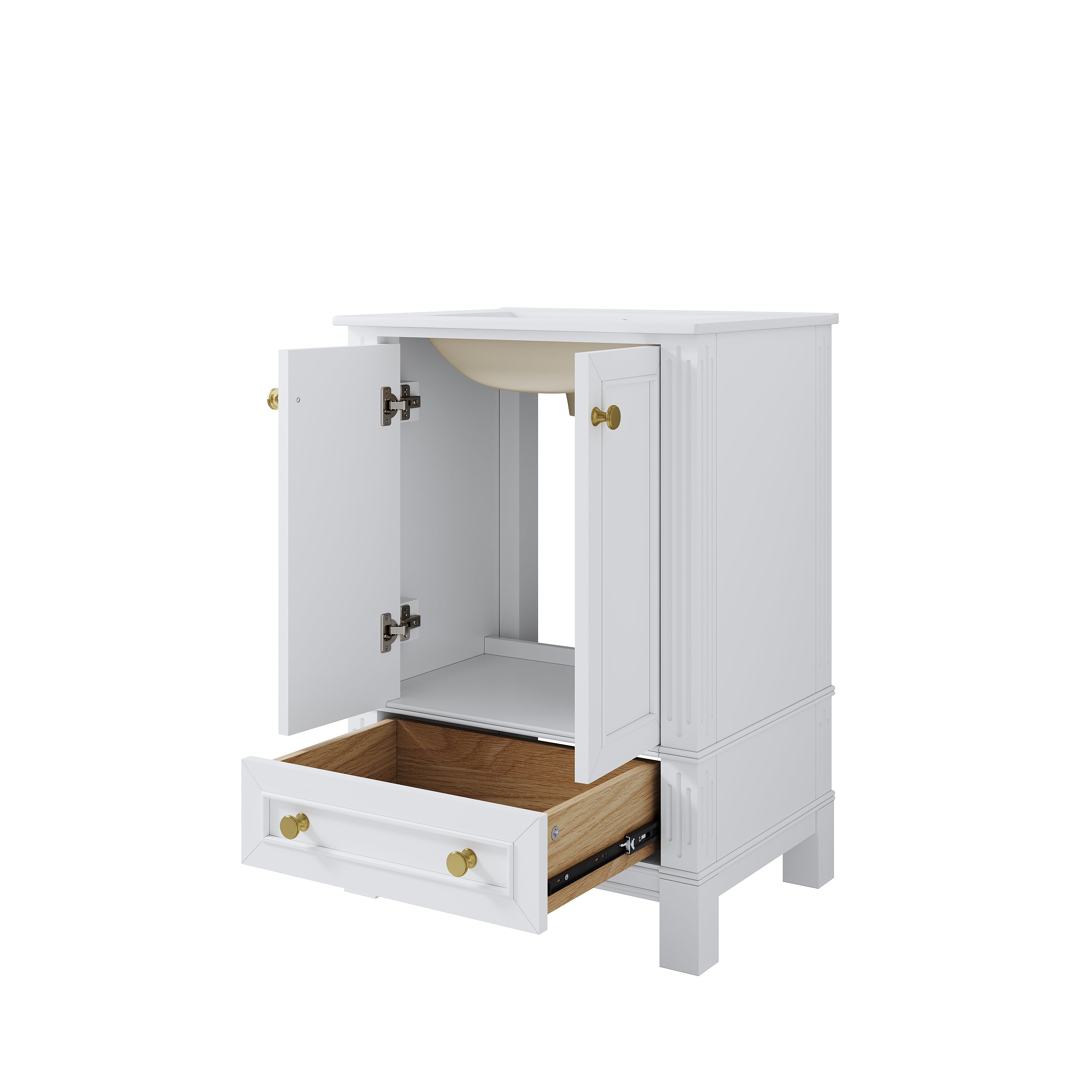 24 Inch Solid Wood Bathroom Vanity with cUPC Ceramic Basin, Soft-Close Doors and Brushed Gold Alloy Knobs
