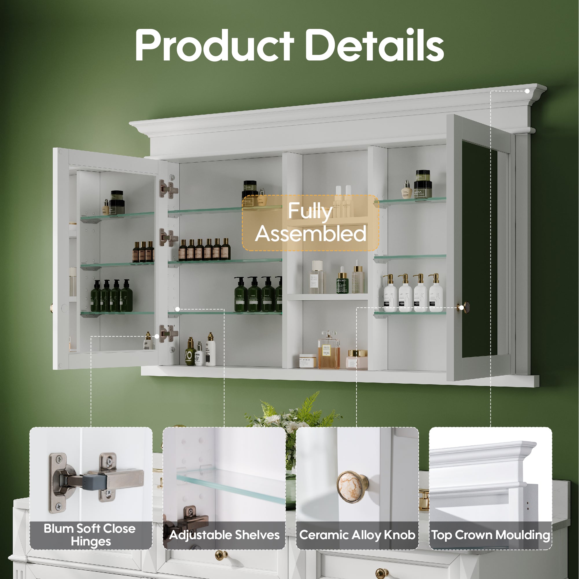 55 in.W x 32 in.H Recessed Solid Wood Medicine Cabinet with Mirror