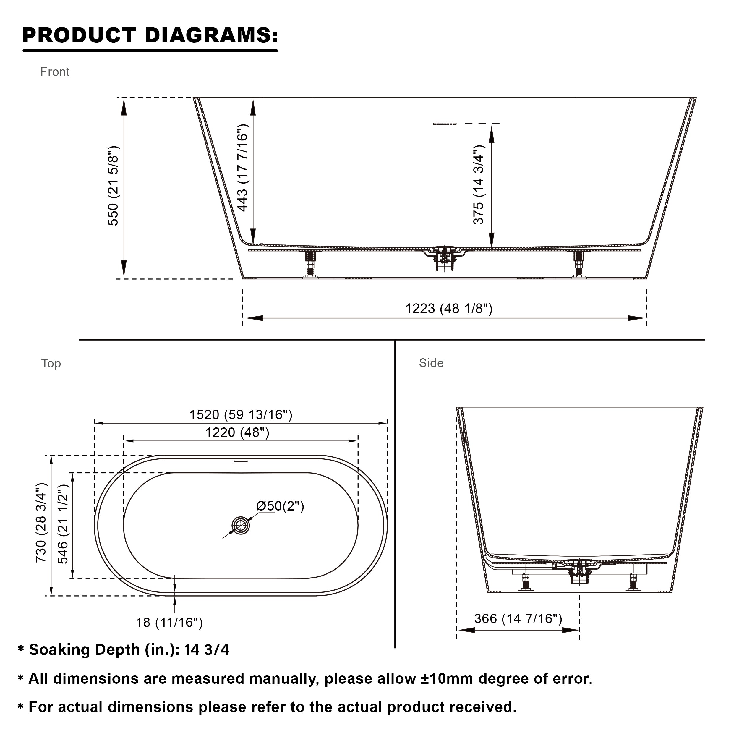 60" Freestanding Glossy White Acrylic Bathtub with Chrome Drain and Overflow