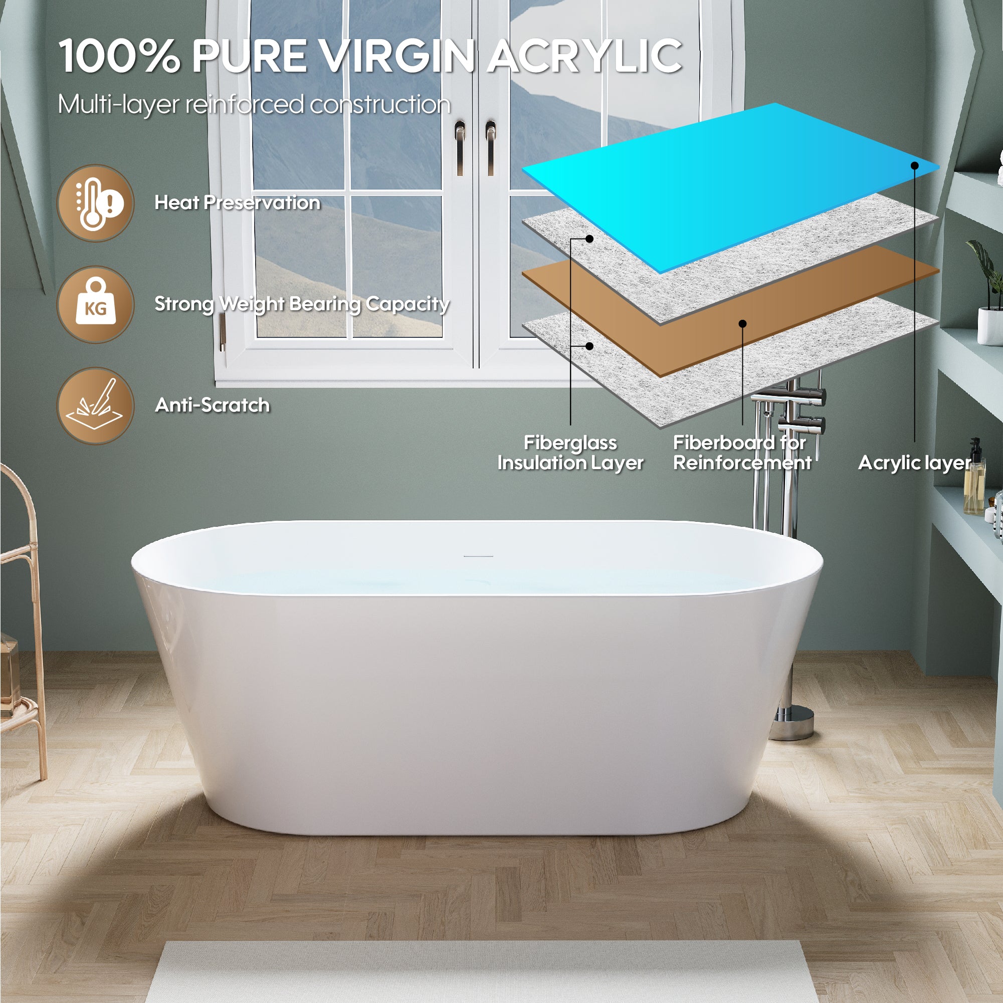 60" Freestanding Glossy White Acrylic Bathtub with Chrome Drain and Overflow