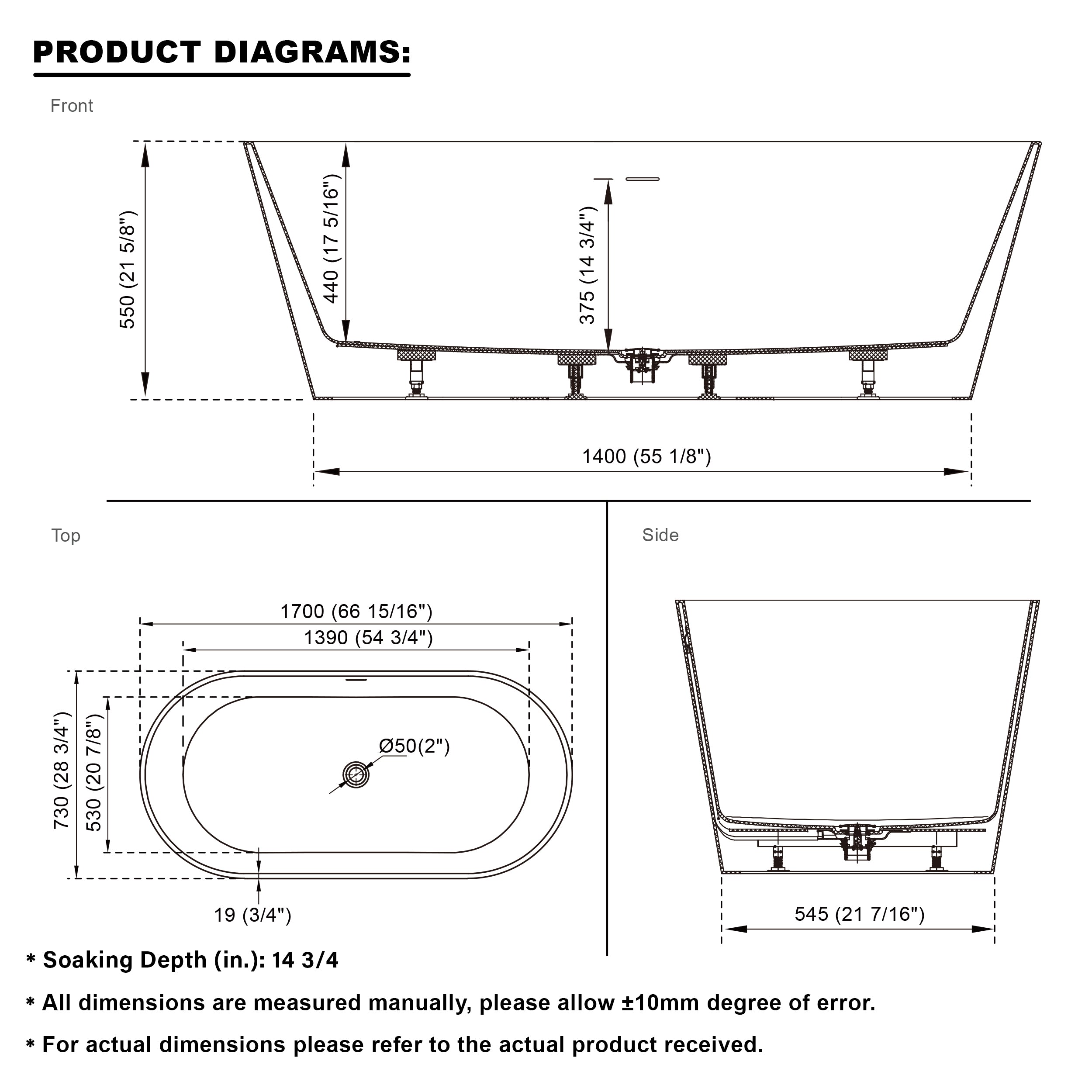 67" Freestanding Glossy White Acrylic Bathtub with Chrome Drain and Overflow