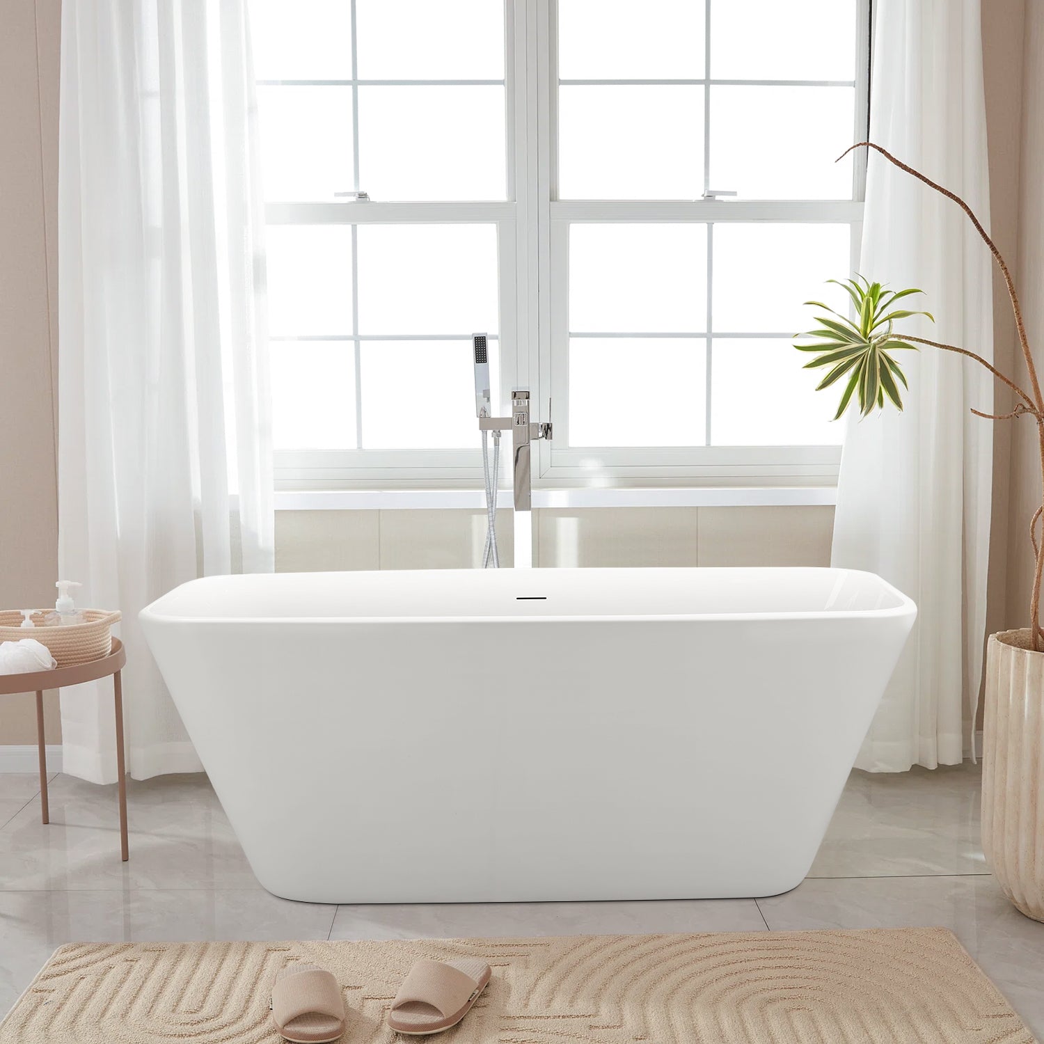 59" Acrylic Alcove Rectangular Shape Freestanding Soaking White Bathtub