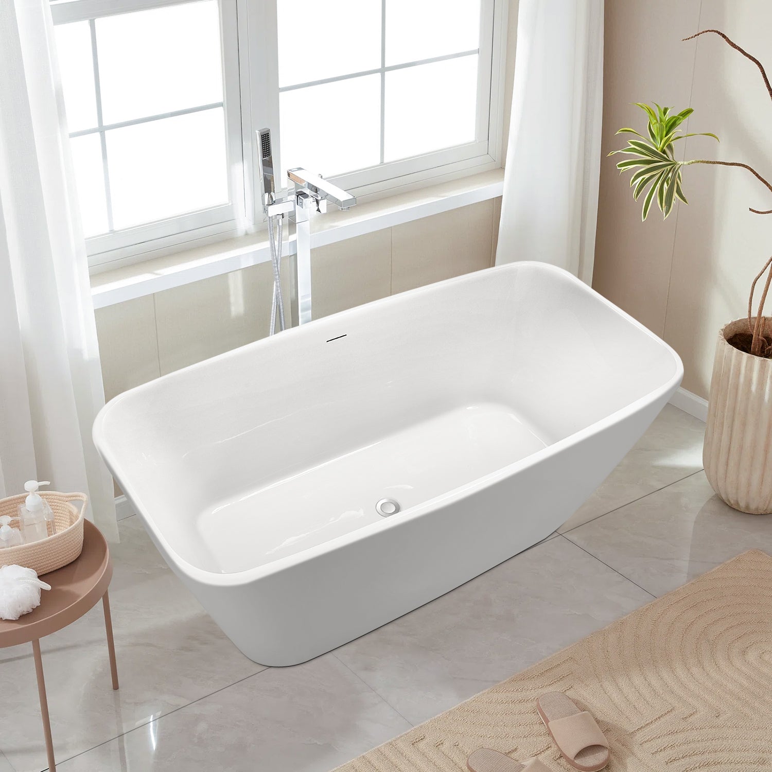 59" Acrylic Alcove Rectangular Shape Freestanding Soaking White Bathtub