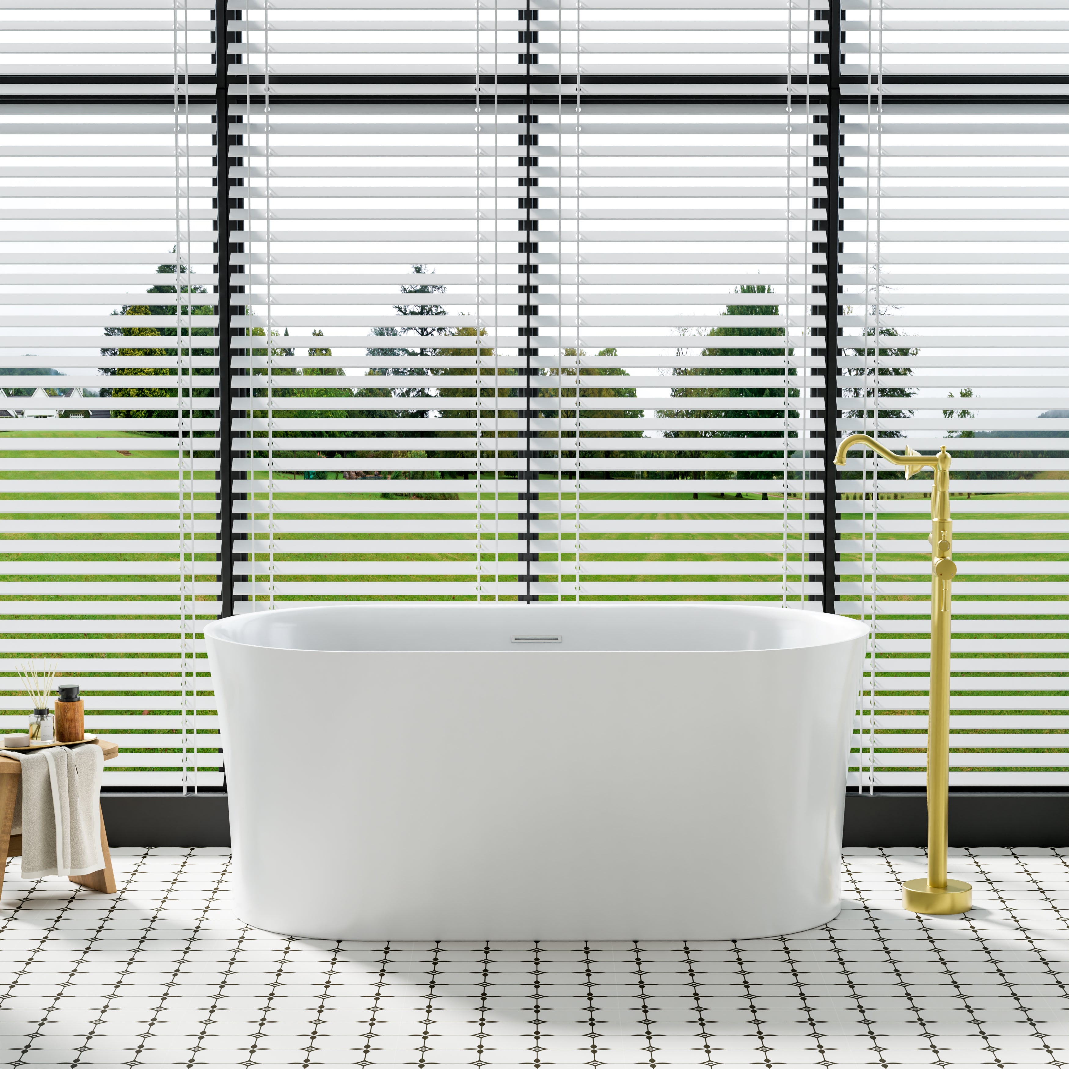 59" Acrylic Freestanding Soaking Bathtub in White with Overflow and Drain