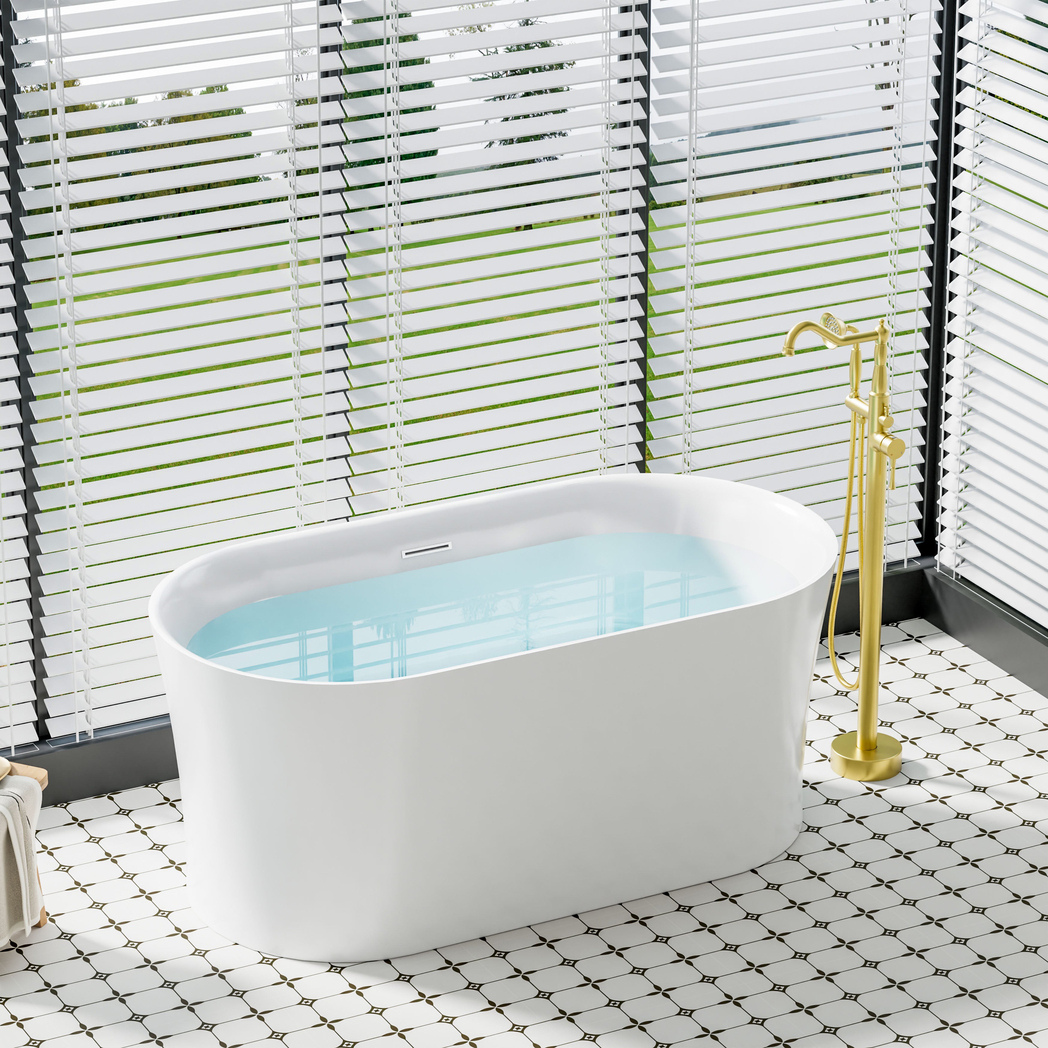 59" Acrylic Freestanding Soaking Bathtub in White with Overflow and Drain