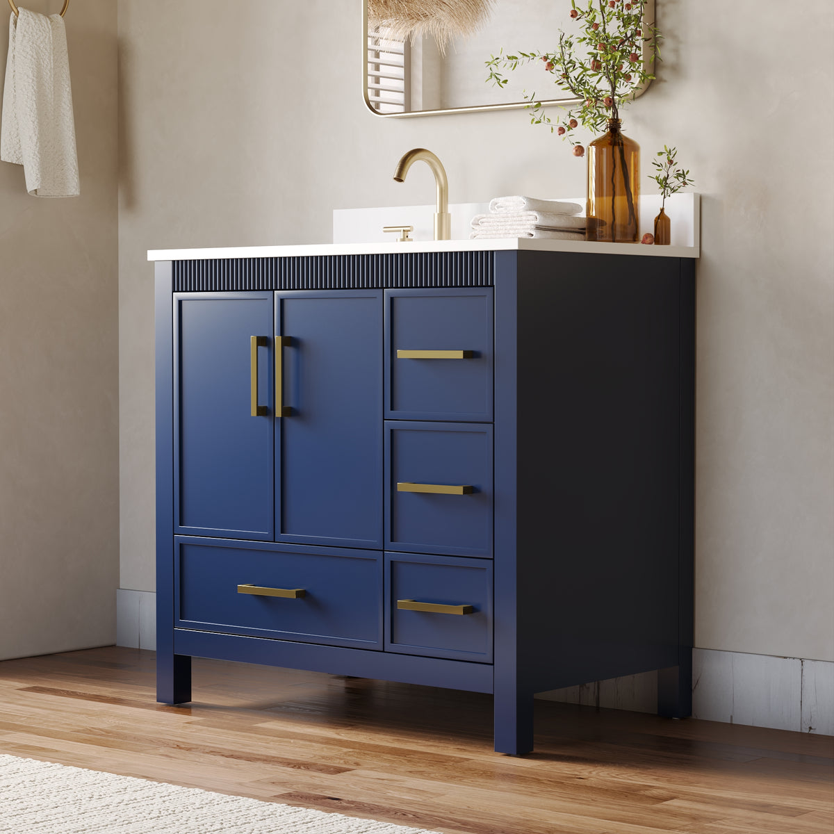36 Inch Freestanding Solid Wood Bathroom Vanity with Fluted Molding, Pure White Quartz Countertop, Navy Blue