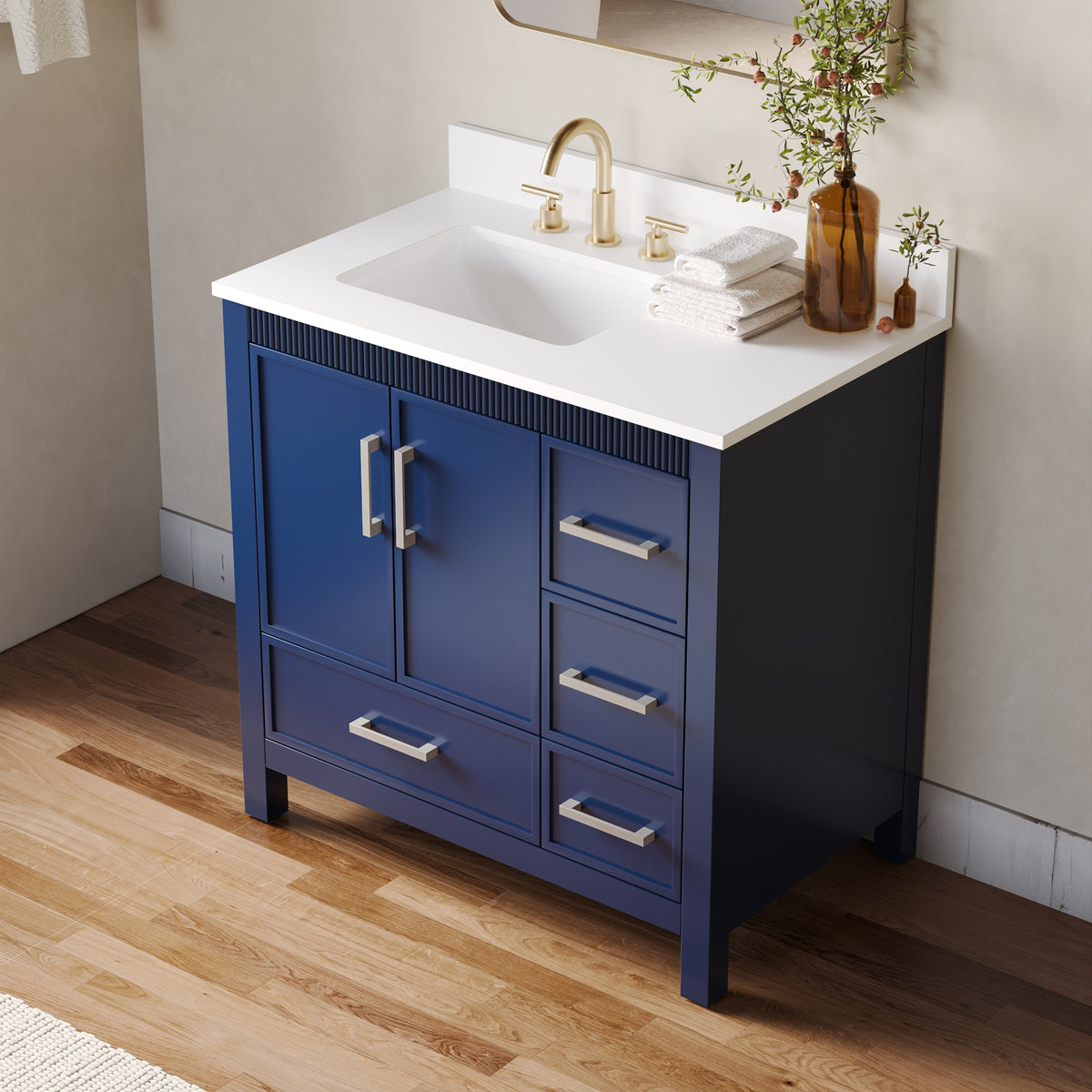 36 Inch Freestanding Solid Wood Bathroom Vanity with Fluted Molding, Pure White Quartz Countertop, Navy Blue