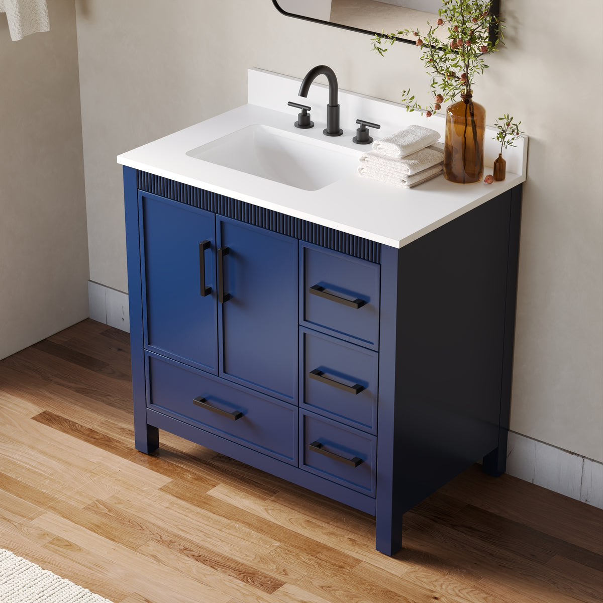 36 Inch Freestanding Solid Wood Bathroom Vanity with Fluted Molding, Pure White Quartz Countertop, Navy Blue