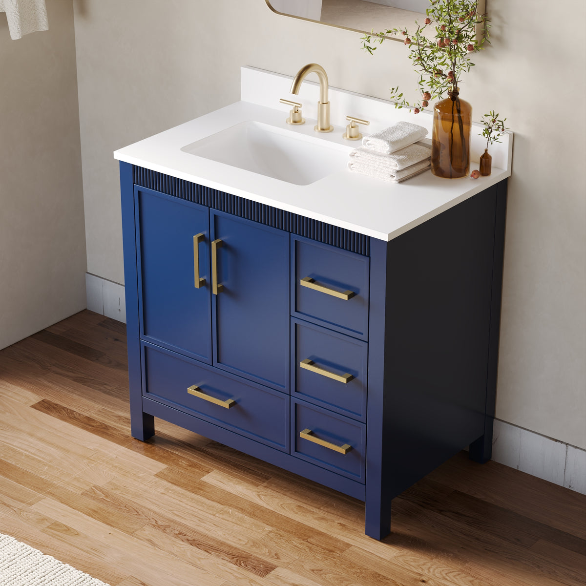 36 Inch Freestanding Solid Wood Bathroom Vanity with Fluted Molding, Pure White Quartz Countertop, Navy Blue