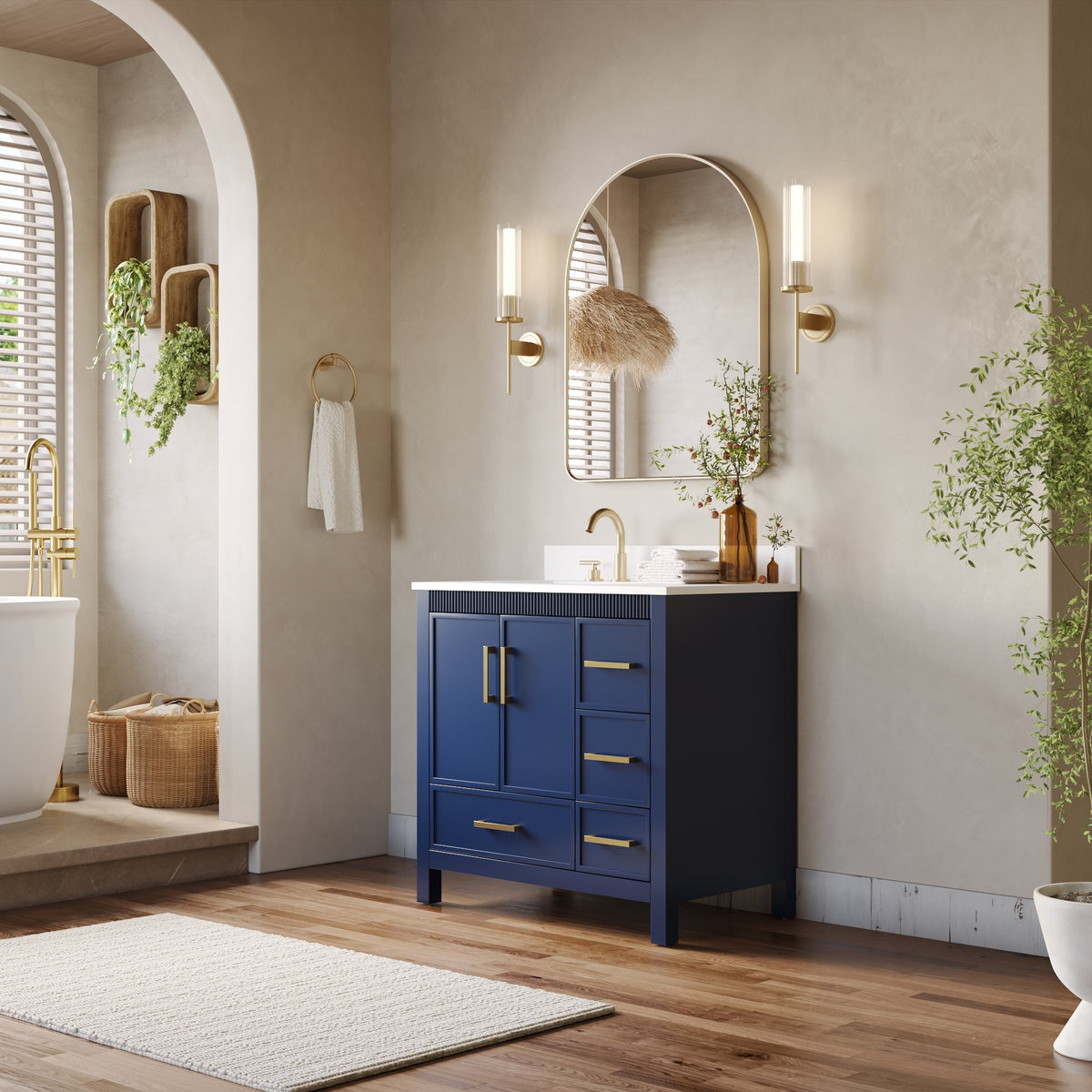 36 Inch Freestanding Solid Wood Bathroom Vanity with Fluted Molding, Pure White Quartz Countertop, Navy Blue