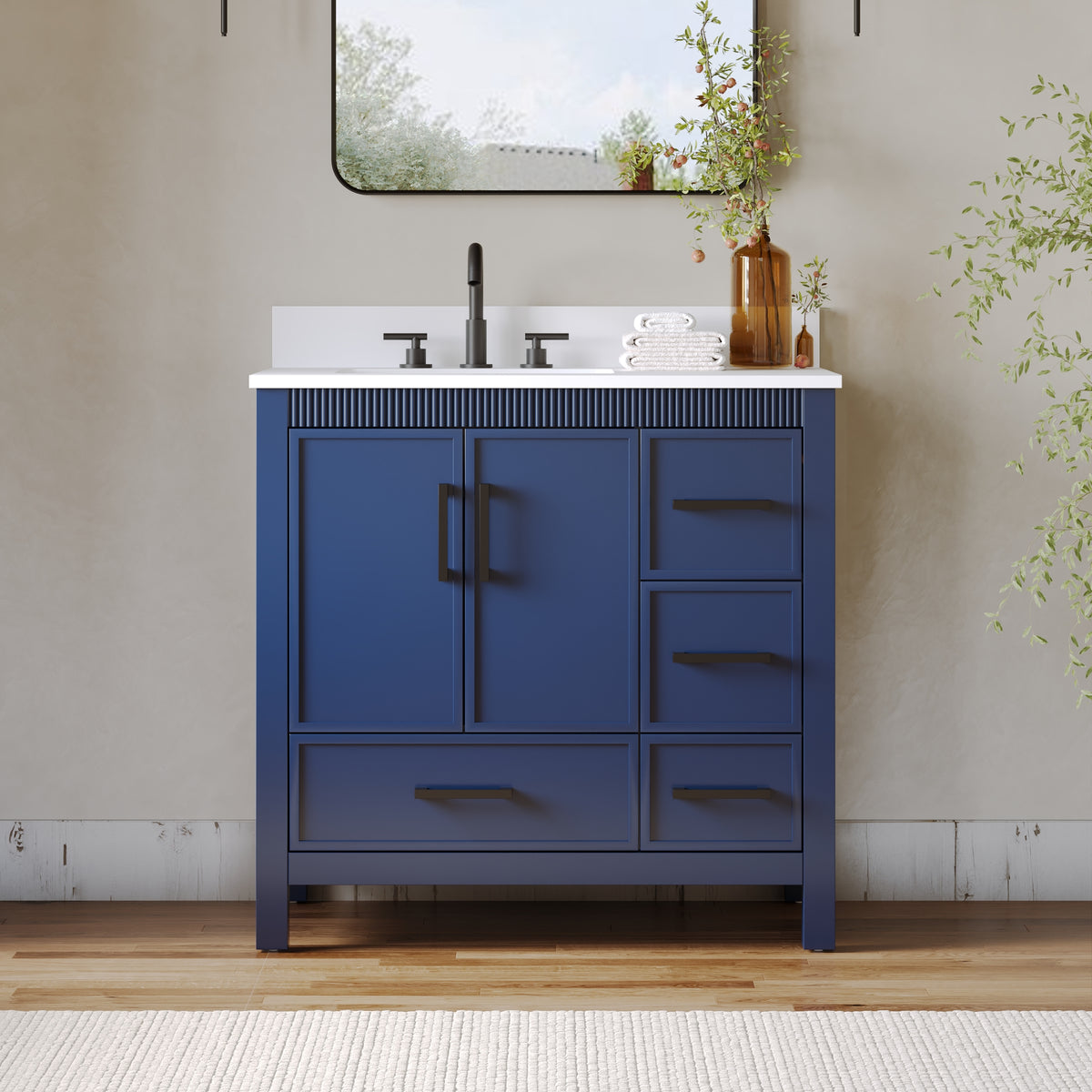 36 Inch Freestanding Solid Wood Bathroom Vanity with Fluted Molding, Pure White Quartz Countertop, Navy Blue