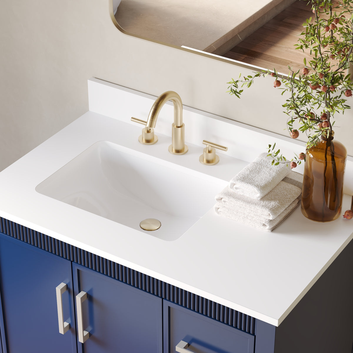 36 Inch Freestanding Solid Wood Bathroom Vanity with Fluted Molding, Pure White Quartz Countertop, Navy Blue