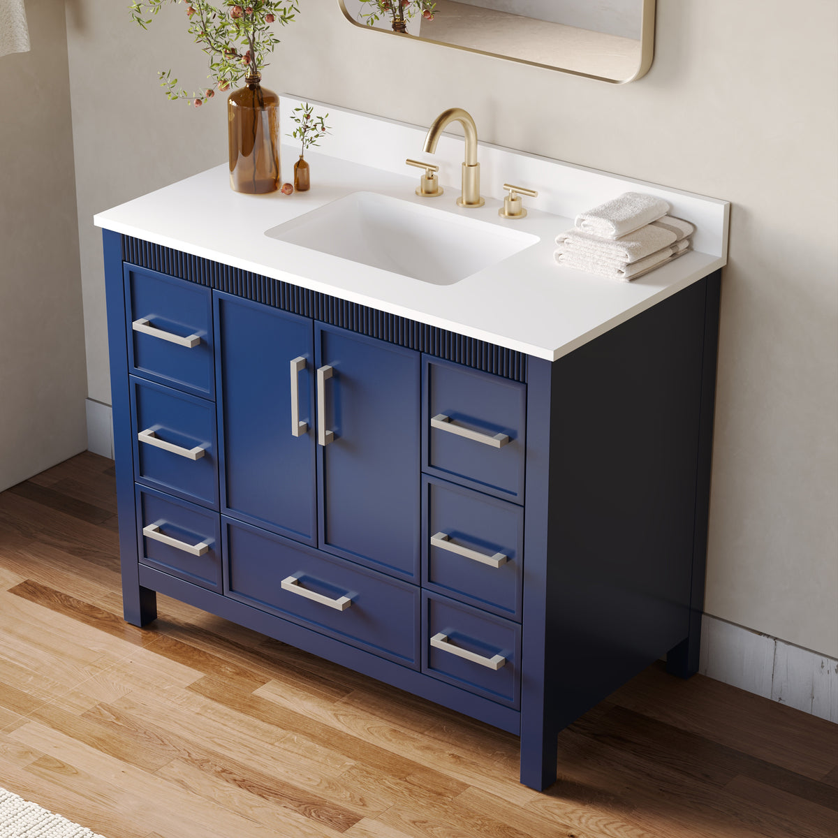 42 Inch Freestanding Solid Wood Bathroom Vanity with Fluted Molding, Pure White Quartz Countertop, Navy Blue
