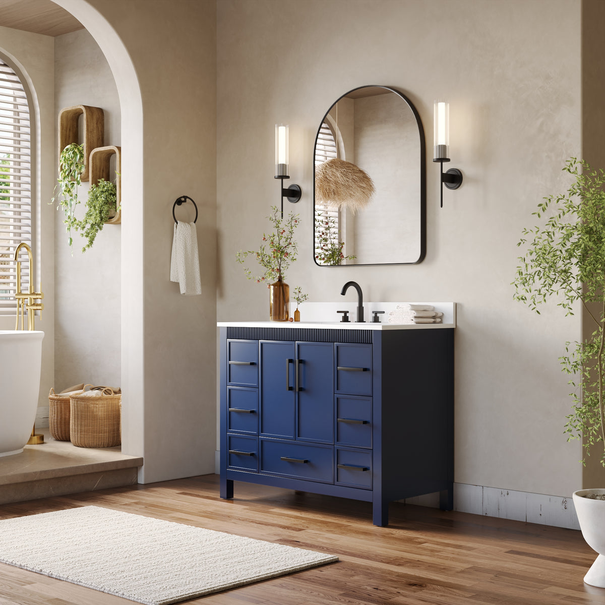 42 Inch Freestanding Solid Wood Bathroom Vanity with Fluted Molding, Pure White Quartz Countertop, Navy Blue