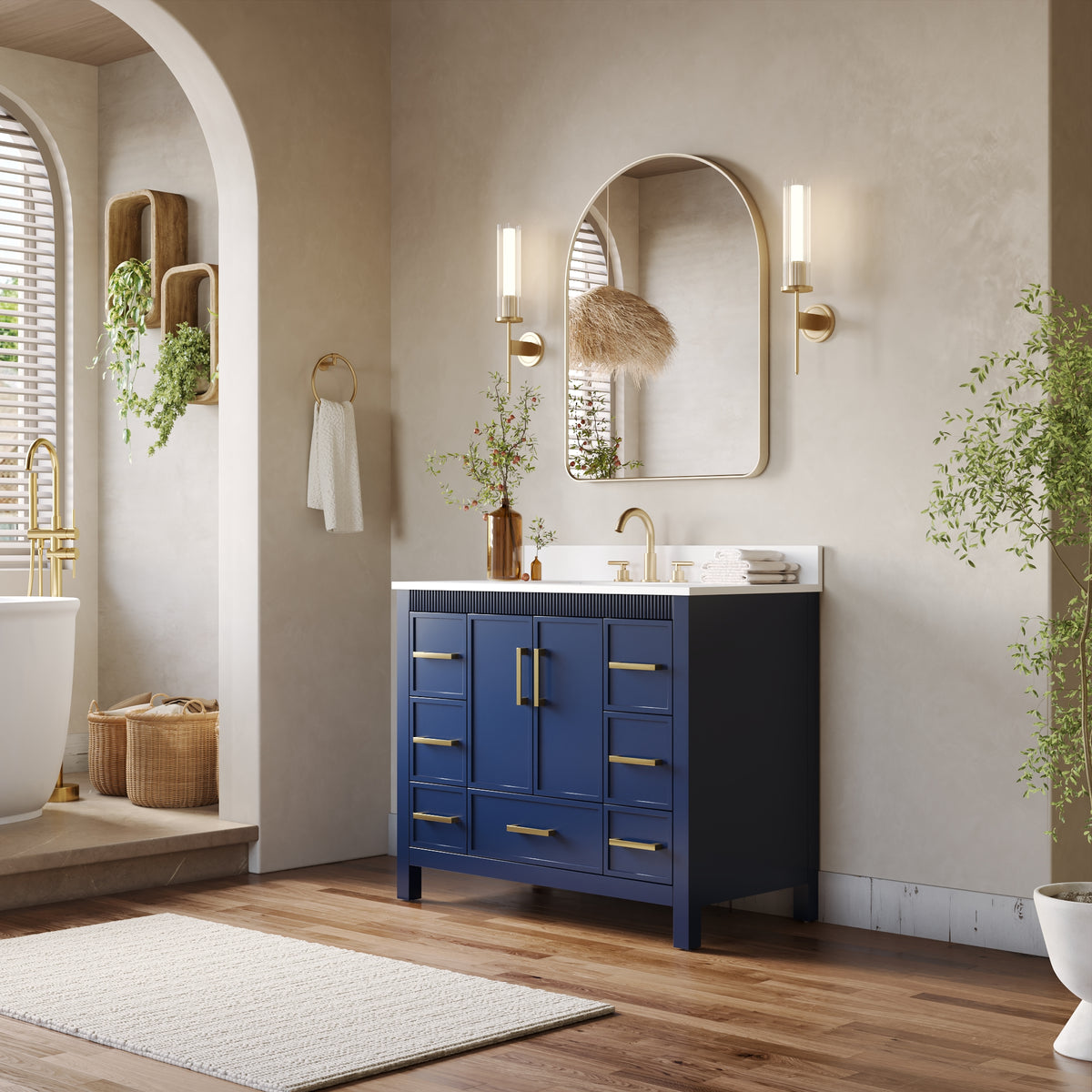 42 Inch Freestanding Solid Wood Bathroom Vanity with Fluted Molding, Pure White Quartz Countertop, Navy Blue