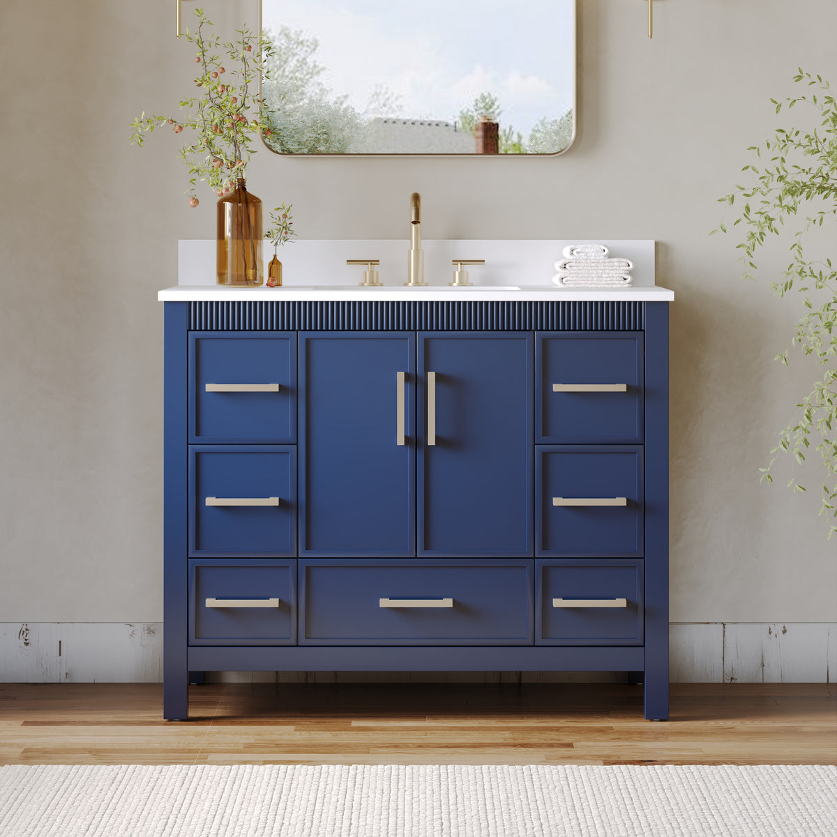 42 Inch Freestanding Solid Wood Bathroom Vanity with Fluted Molding, Pure White Quartz Countertop, Navy Blue