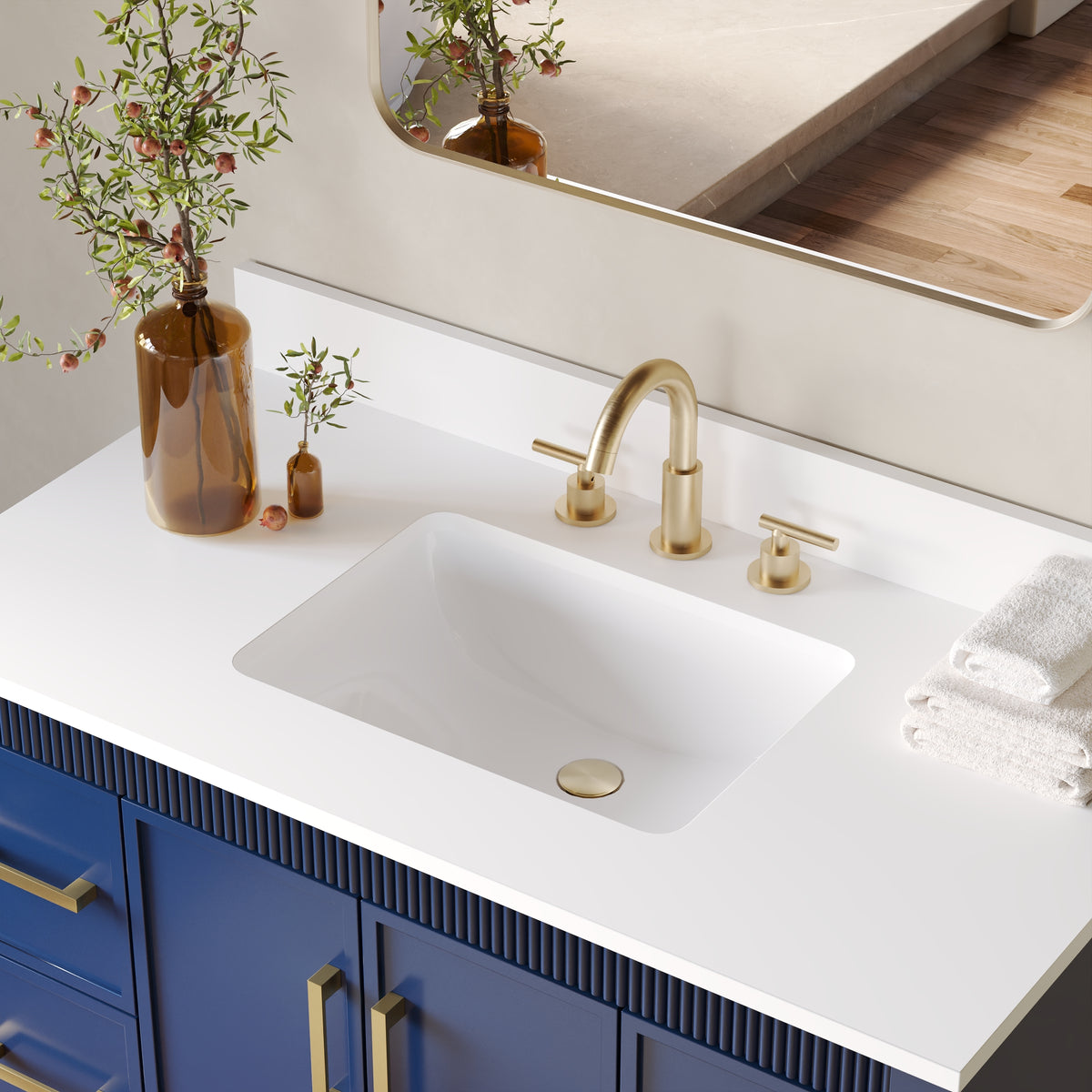 42 Inch Freestanding Solid Wood Bathroom Vanity with Fluted Molding, Pure White Quartz Countertop, Navy Blue