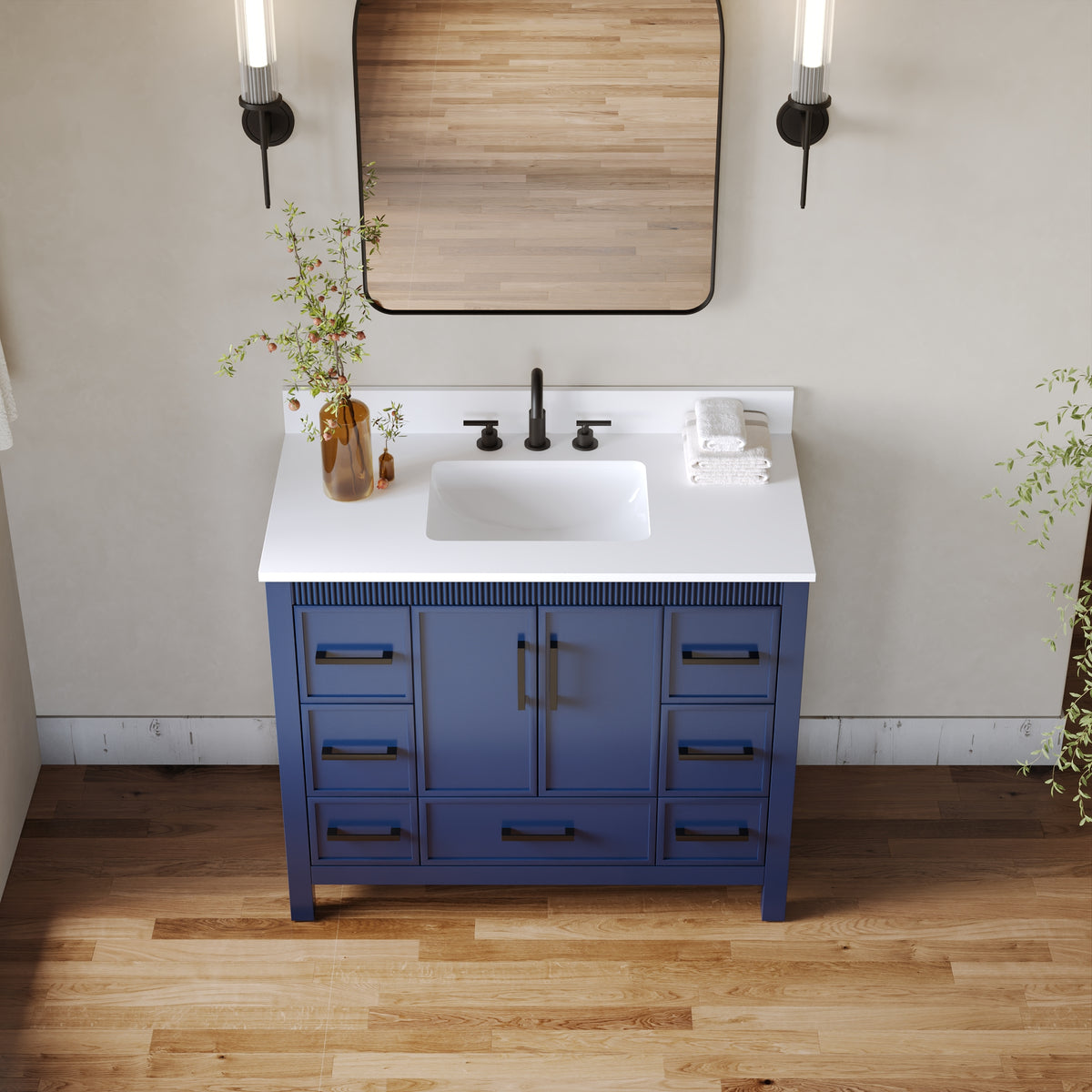 42 Inch Freestanding Solid Wood Bathroom Vanity with Fluted Molding, Pure White Quartz Countertop, Navy Blue