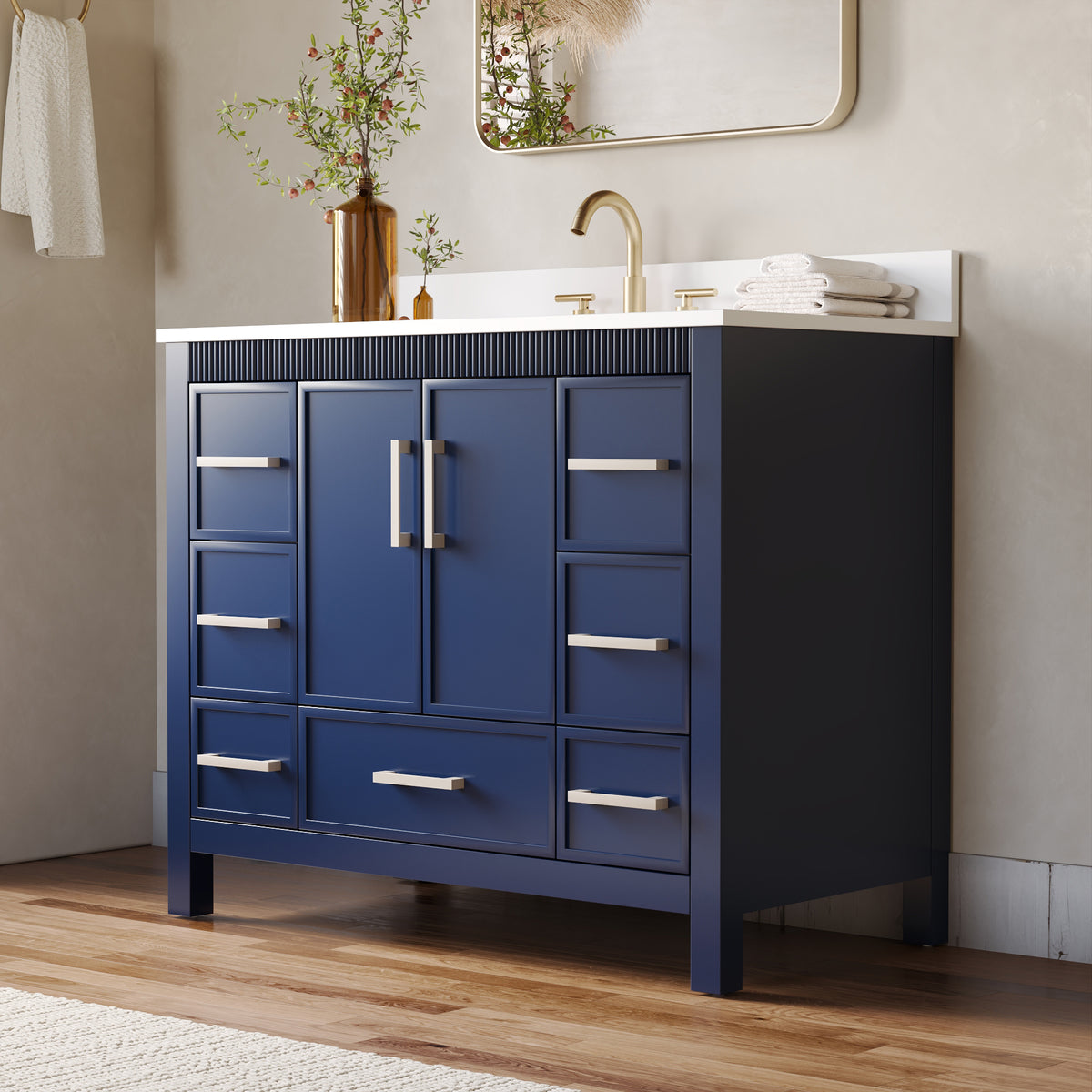 42 Inch Freestanding Solid Wood Bathroom Vanity with Fluted Molding, Pure White Quartz Countertop, Navy Blue