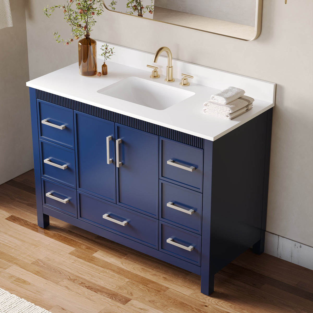 48 Inch Freestanding Solid Wood Bathroom Vanity with Fluted Molding, Pure White Quartz Countertop, Navy Blue