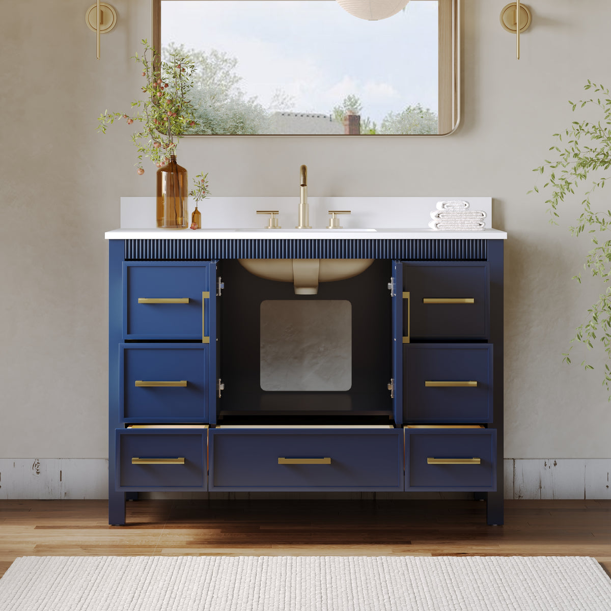 48 Inch Freestanding Solid Wood Bathroom Vanity with Fluted Molding, Pure White Quartz Countertop, Navy Blue