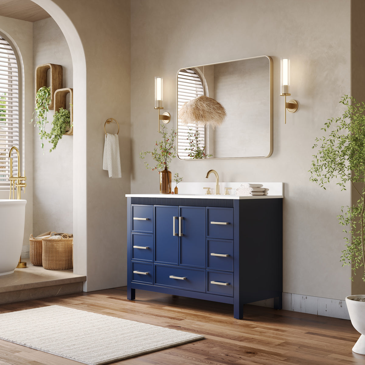 48 Inch Freestanding Solid Wood Bathroom Vanity with Fluted Molding, Pure White Quartz Countertop, Navy Blue