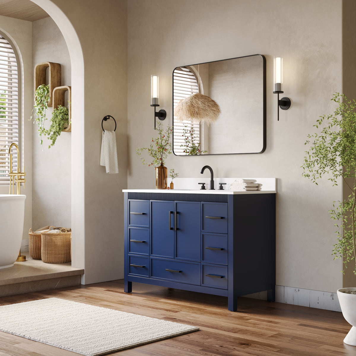48 Inch Freestanding Solid Wood Bathroom Vanity with Fluted Molding, Pure White Quartz Countertop, Navy Blue