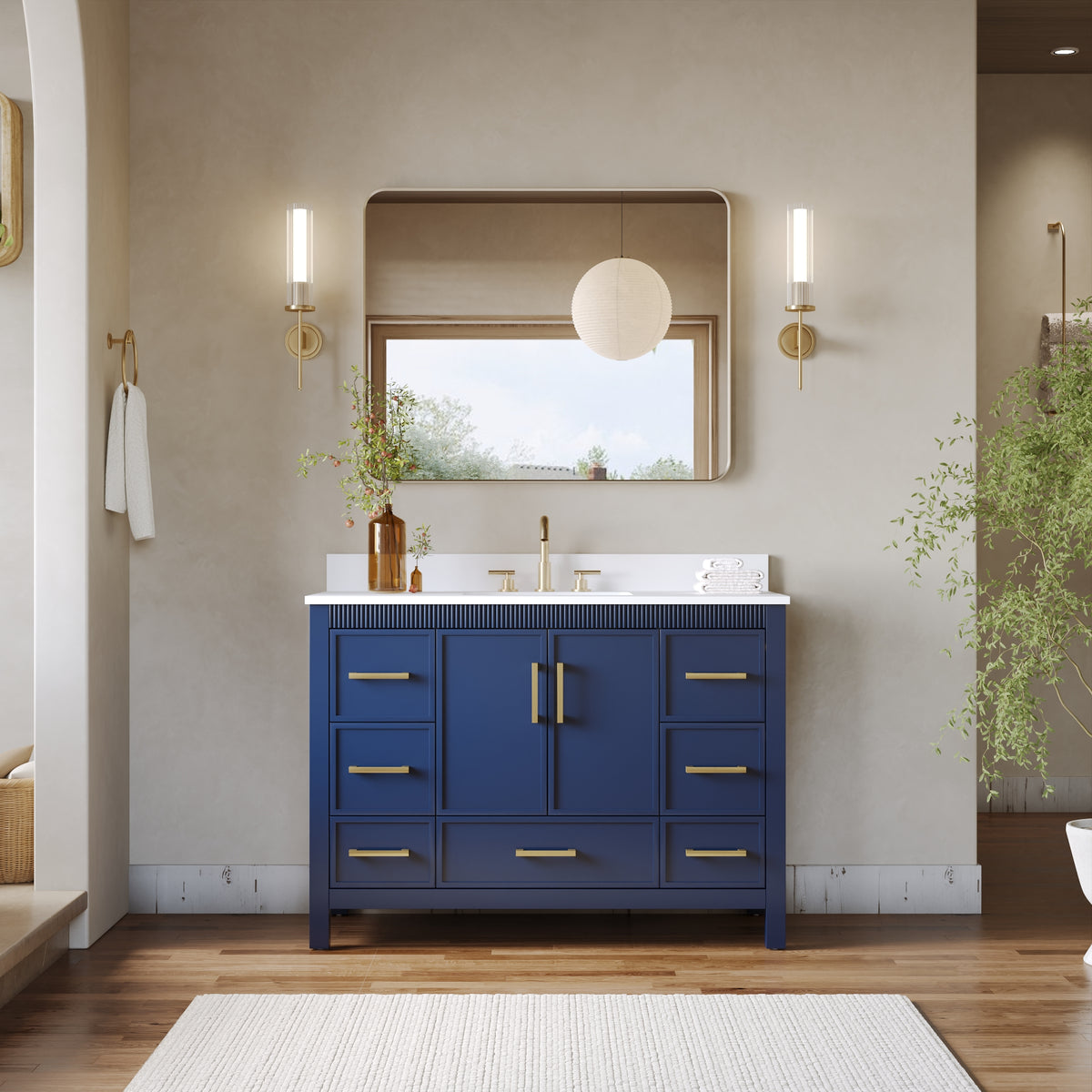 48 Inch Freestanding Solid Wood Bathroom Vanity with Fluted Molding, Pure White Quartz Countertop, Navy Blue