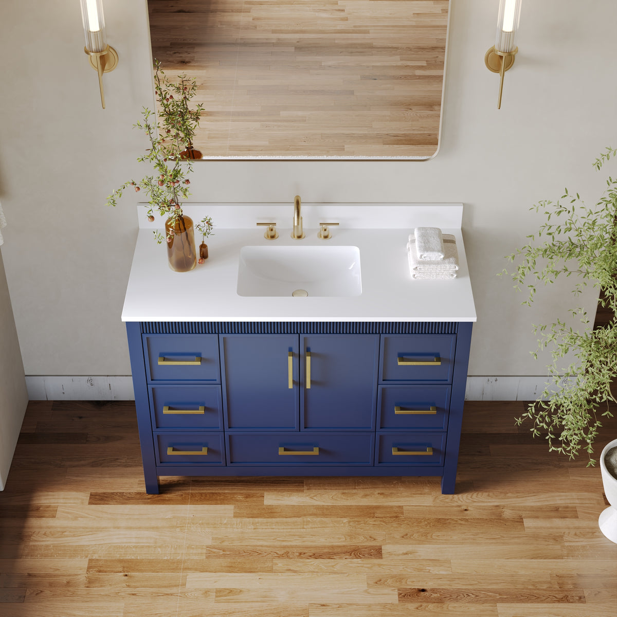 48 Inch Freestanding Solid Wood Bathroom Vanity with Fluted Molding, Pure White Quartz Countertop, Navy Blue
