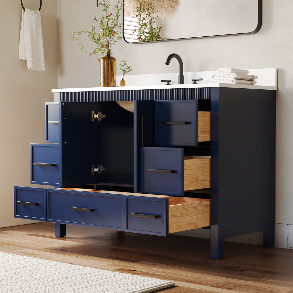 48 Inch Freestanding Solid Wood Bathroom Vanity with Fluted Molding, Pure White Quartz Countertop, Navy Blue