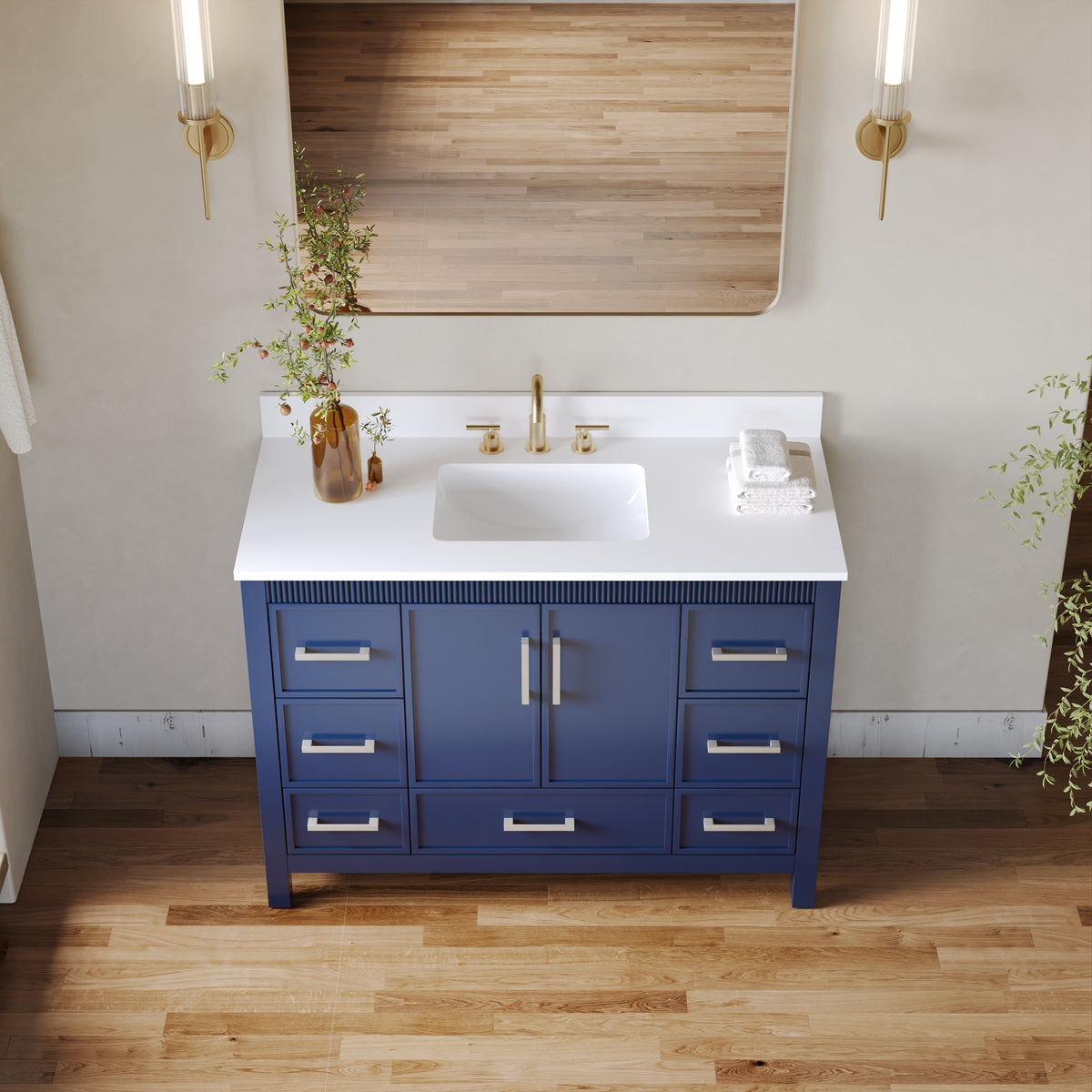 48 Inch Freestanding Solid Wood Bathroom Vanity with Fluted Molding, Pure White Quartz Countertop, Navy Blue