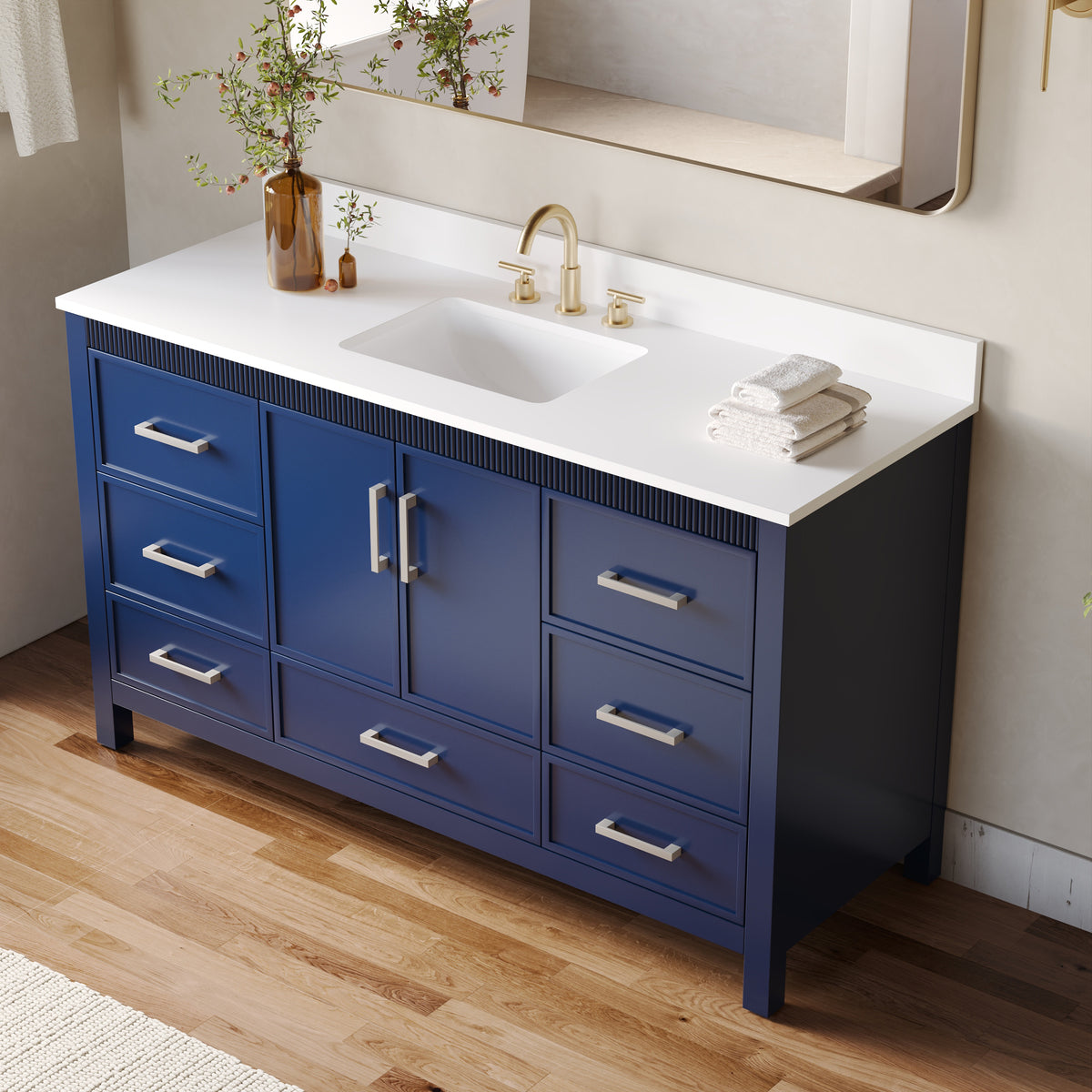 60 Inch Freestanding Solid Wood Bathroom Vanity with Pure White Quartz Countertop, 2 Soft-Close Doors & 7 Dovetail Drawers, Navy Blue