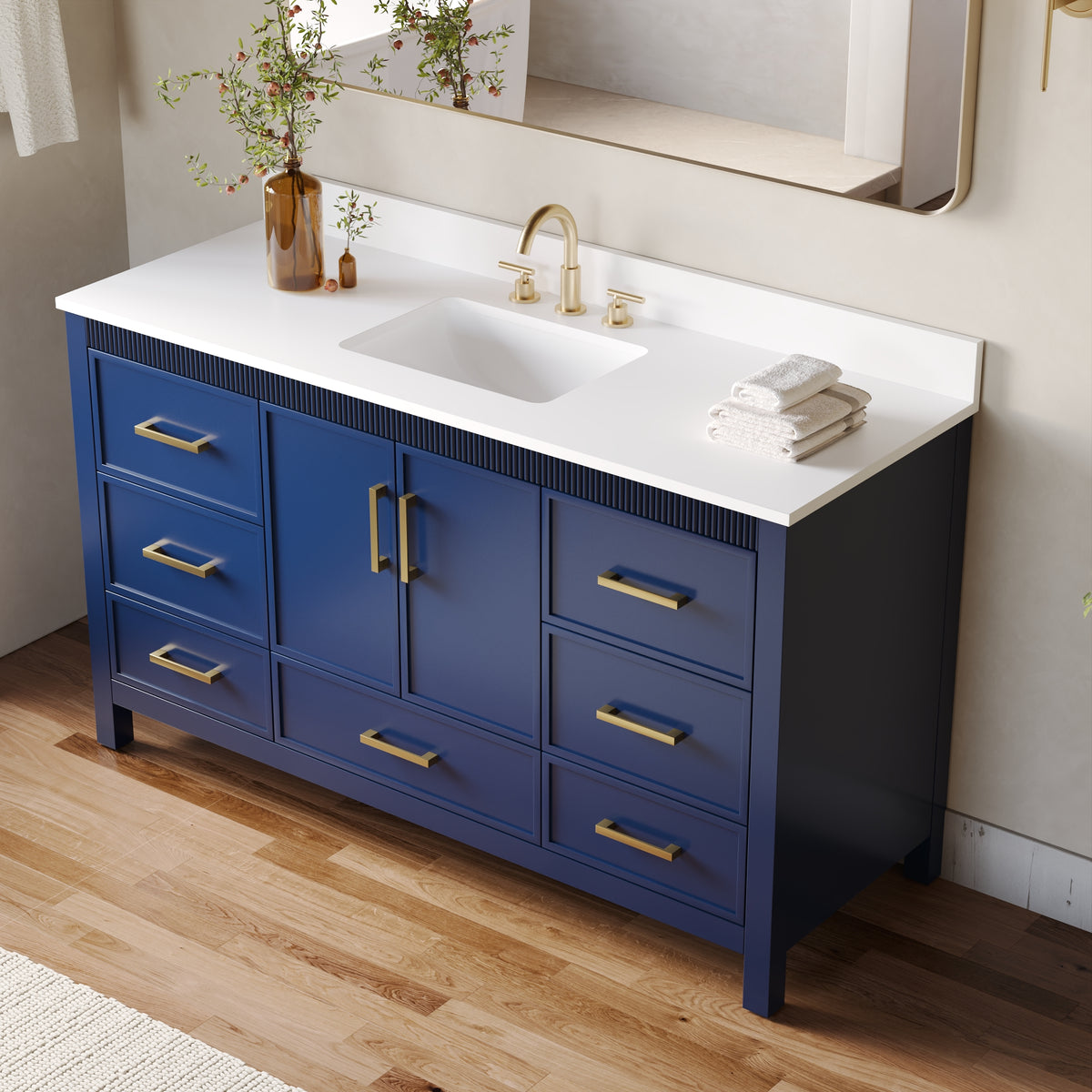 60 Inch Freestanding Solid Wood Bathroom Vanity with Pure White Quartz Countertop, 2 Soft-Close Doors & 7 Dovetail Drawers, Navy Blue