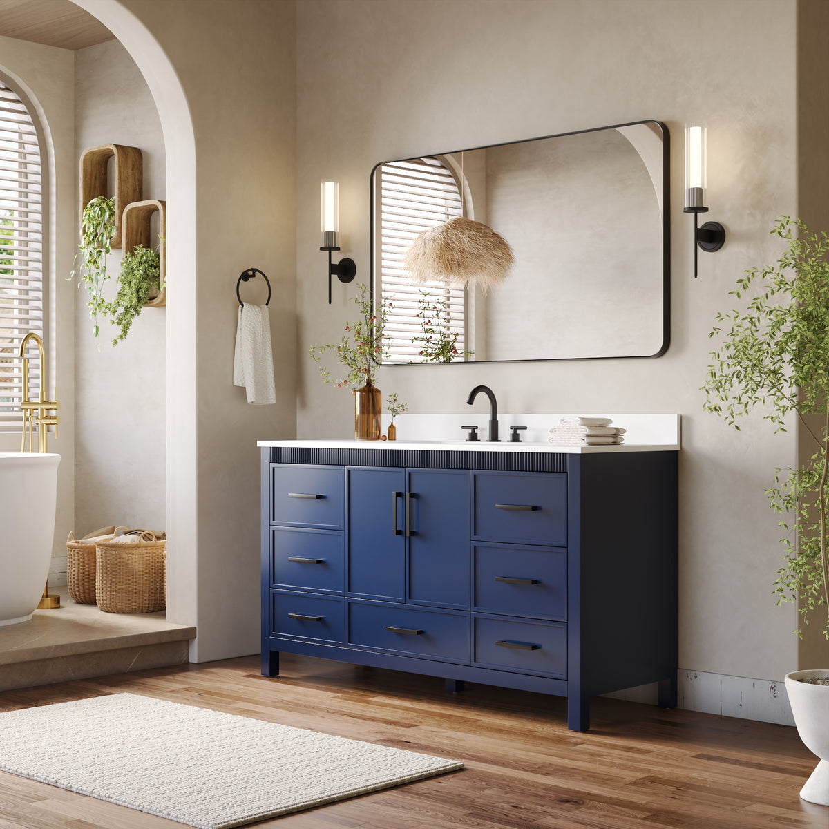 60 Inch Freestanding Solid Wood Bathroom Vanity with Pure White Quartz Countertop, 2 Soft-Close Doors & 7 Dovetail Drawers, Navy Blue