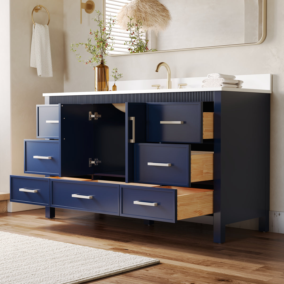 60 Inch Freestanding Solid Wood Bathroom Vanity with Pure White Quartz Countertop, 2 Soft-Close Doors & 7 Dovetail Drawers, Navy Blue