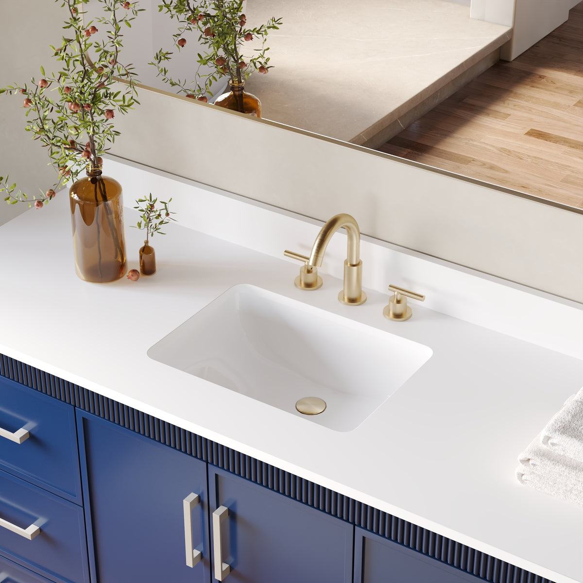 60 Inch Freestanding Solid Wood Bathroom Vanity with Pure White Quartz Countertop, 2 Soft-Close Doors & 7 Dovetail Drawers, Navy Blue