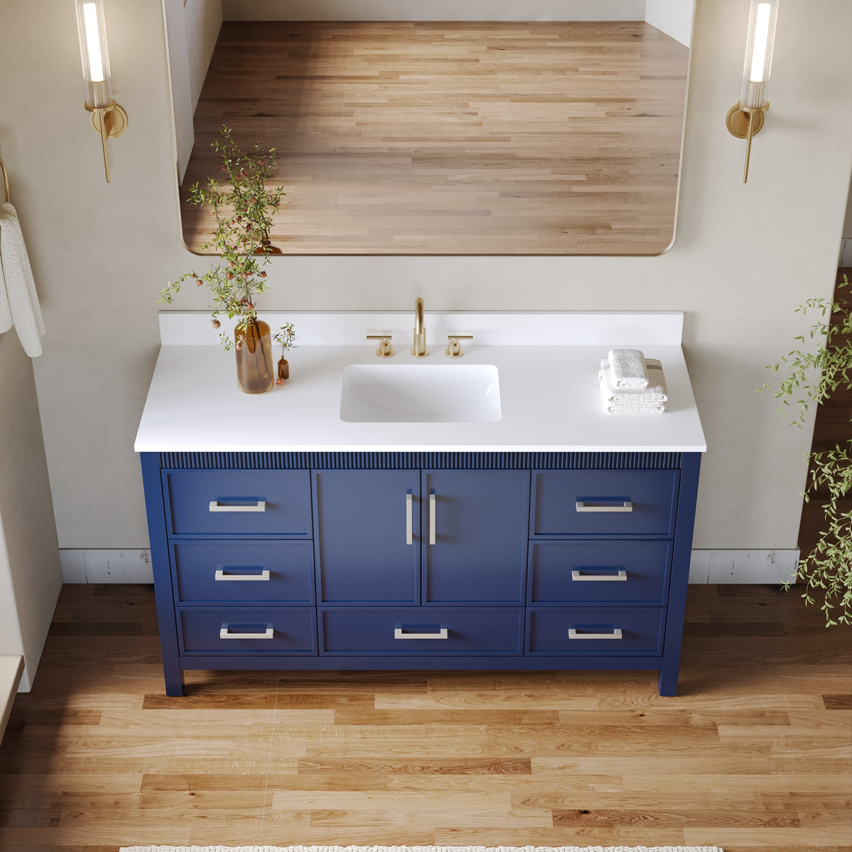 60 Inch Freestanding Solid Wood Bathroom Vanity with Pure White Quartz Countertop, 2 Soft-Close Doors & 7 Dovetail Drawers, Navy Blue