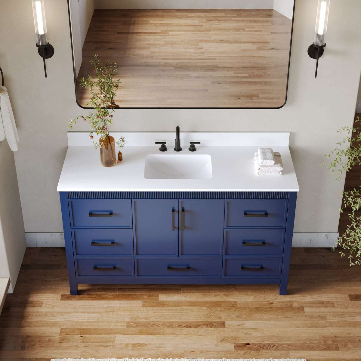 60 Inch Freestanding Solid Wood Bathroom Vanity with Pure White Quartz Countertop, 2 Soft-Close Doors & 7 Dovetail Drawers, Navy Blue