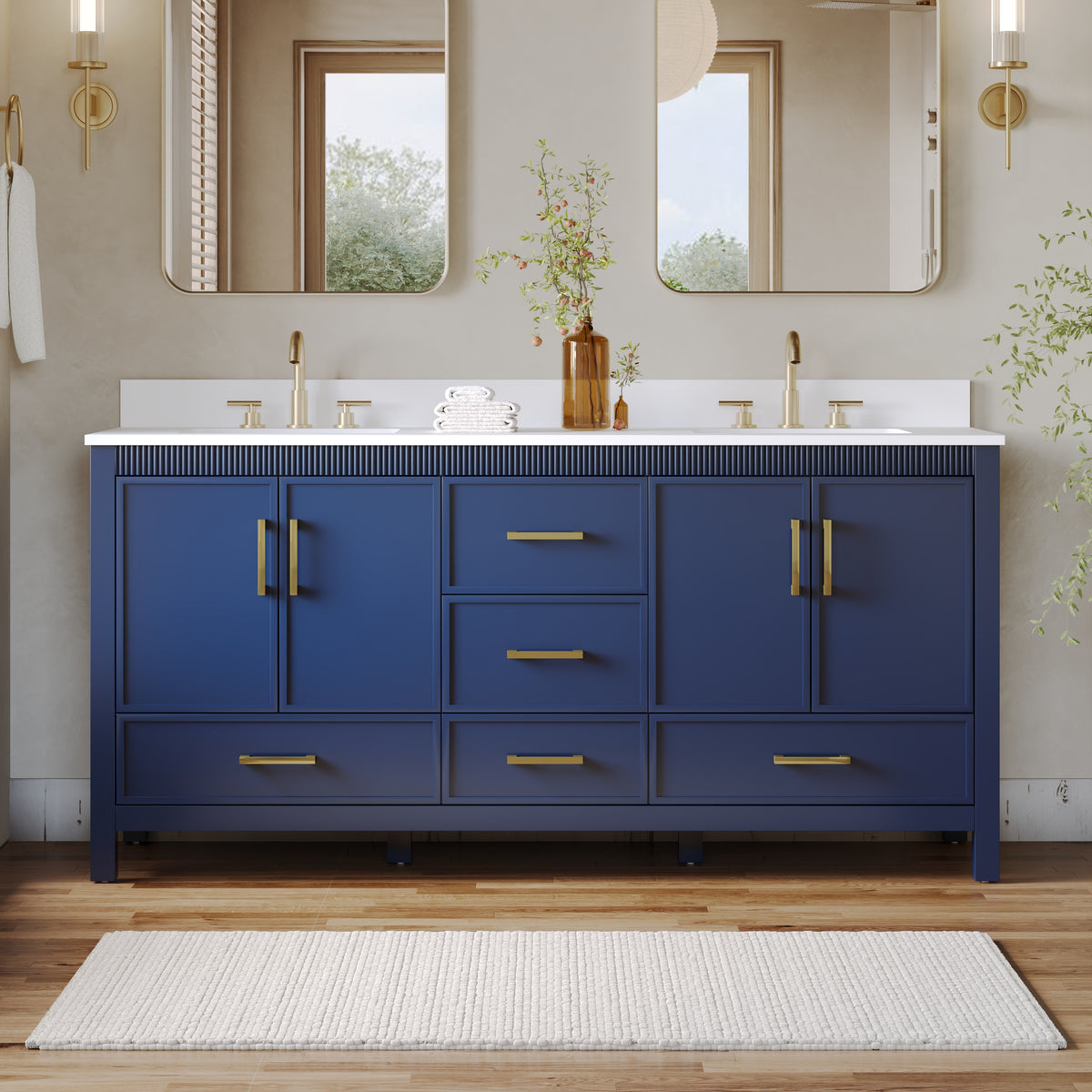 72 Inch Freestanding Solid Wood Bathroom Vanity with Pure White Quartz Countertop, 4 Soft-Close Doors & 5 Dovetail Drawers, Navy Blue
