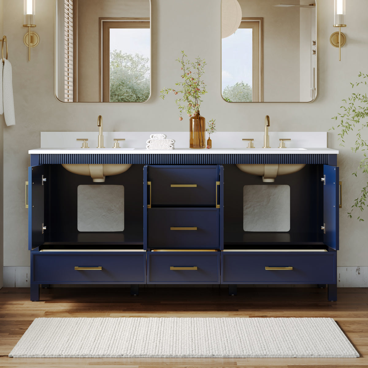 72 Inch Freestanding Solid Wood Bathroom Vanity with Pure White Quartz Countertop, 4 Soft-Close Doors & 5 Dovetail Drawers, Navy Blue